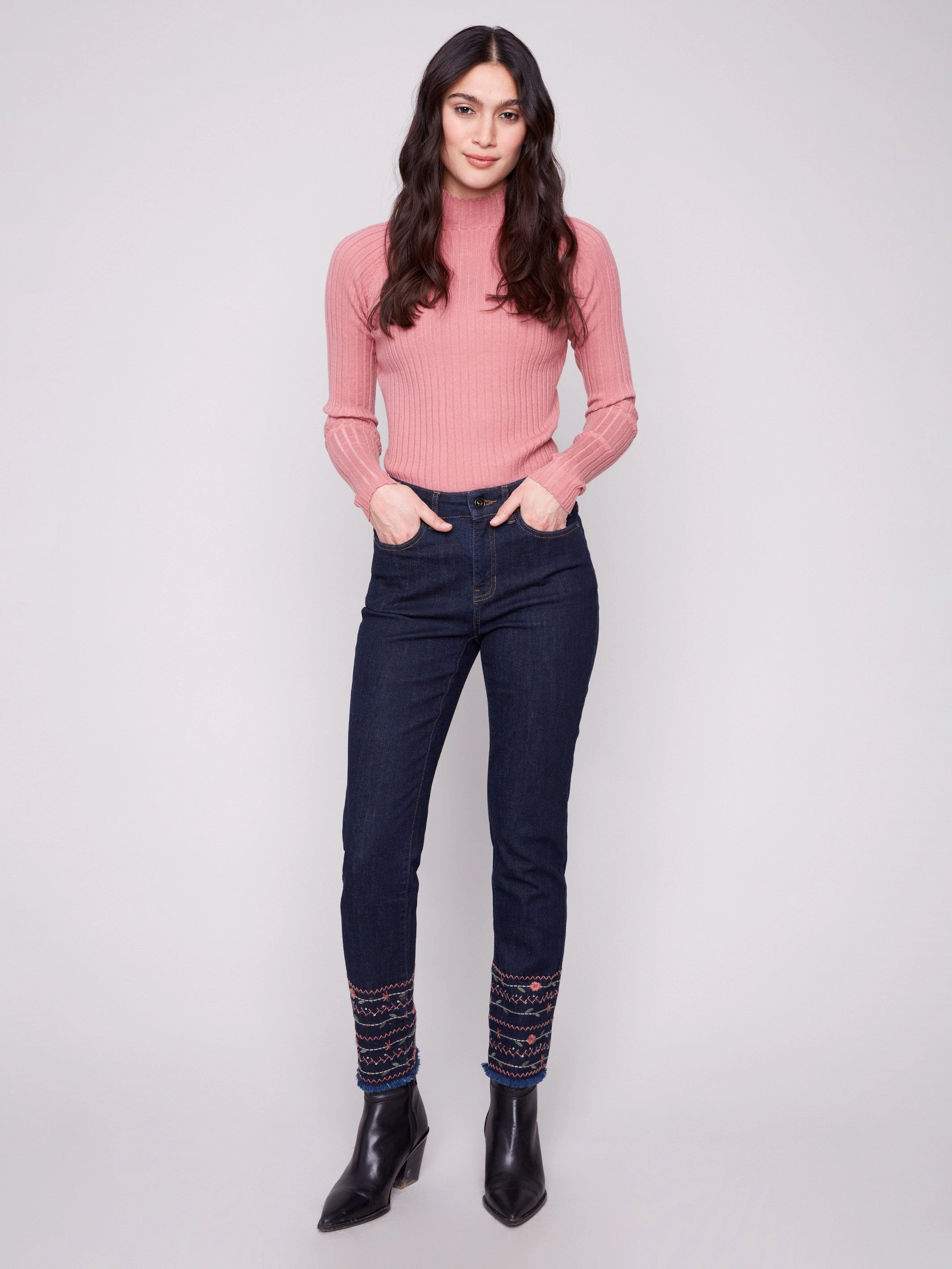 Embroidered Hem Jeans - Deep Blue Modern Weekend Style Customizable Fit