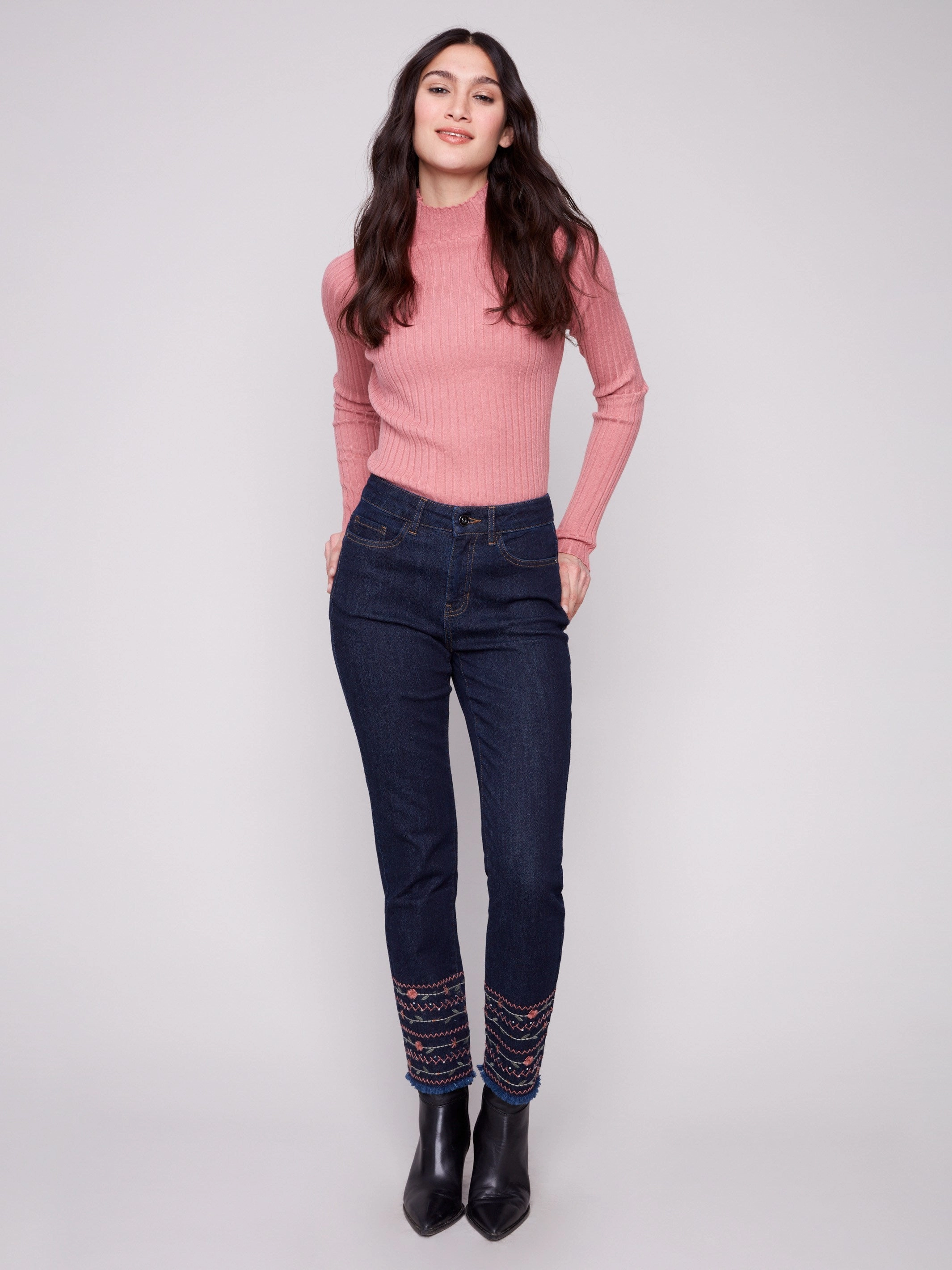 Function Fit Embroidered Hem Jeans - Deep Blue