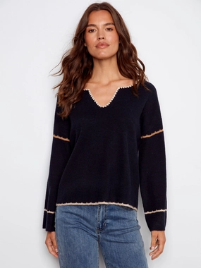 basement school setting Embroidered Ribbed Sweater With Notch Neck - Navy