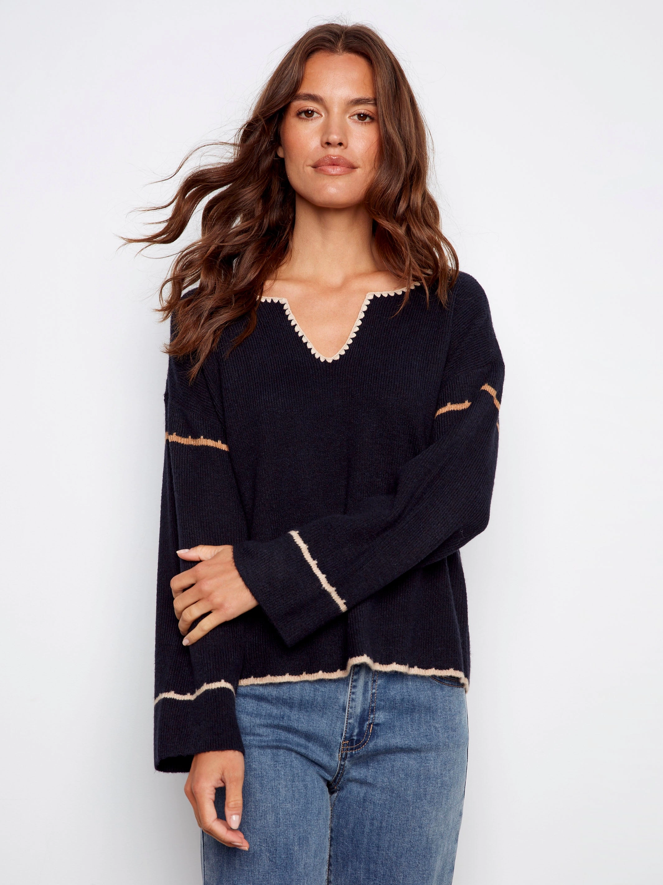 Embroidered Ribbed Sweater With Notch Neck - Navy Thin Hallway