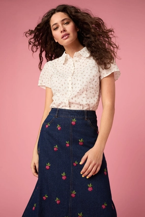 Spring Ditsy Cotton Blouse Classic Crewneck Design Layered Collar