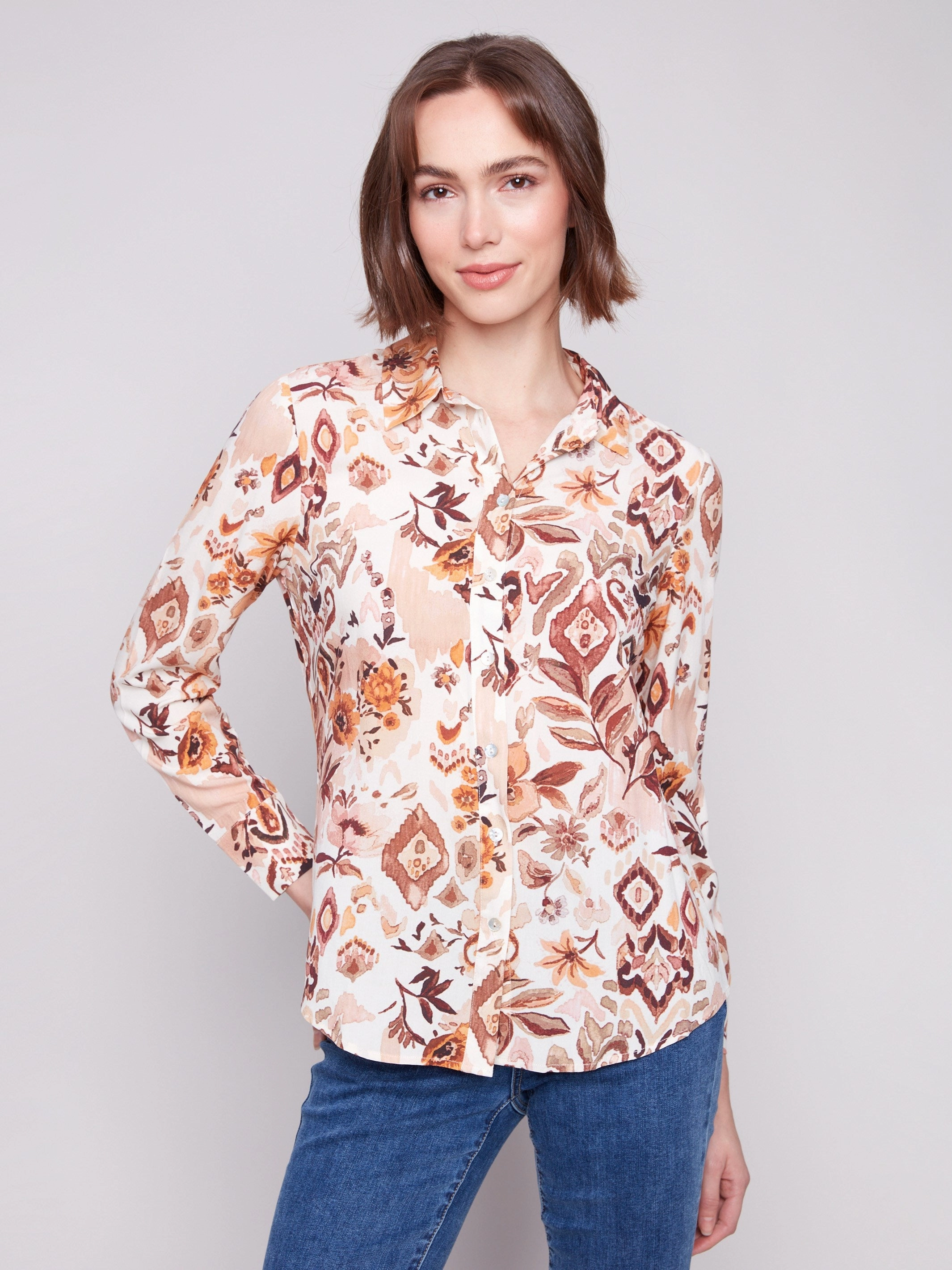 Printed Button-Up Shirt - Jacobean Organza Middle - aged
