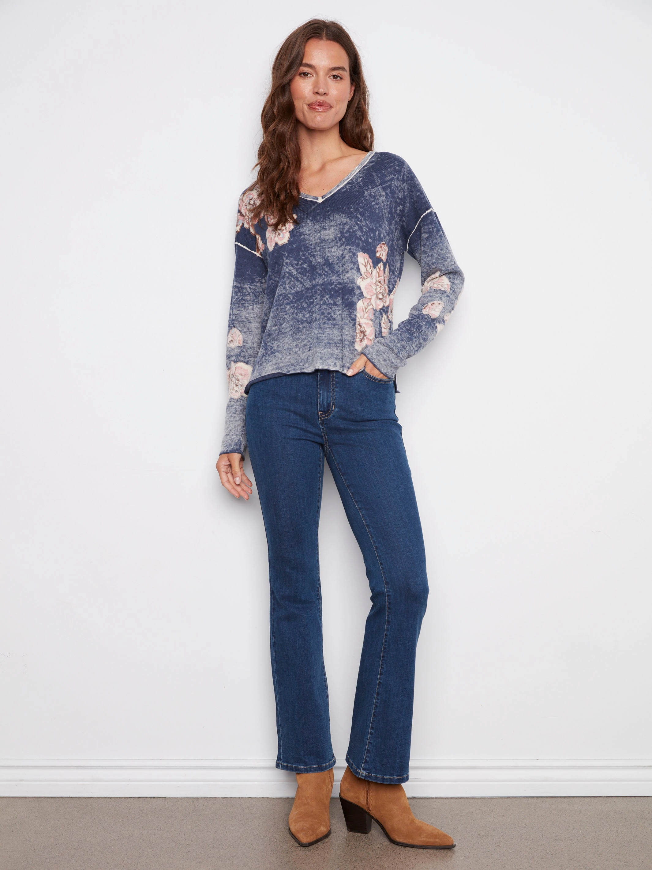 Reversible Floral V-Neck Sweater - Denim Scarved