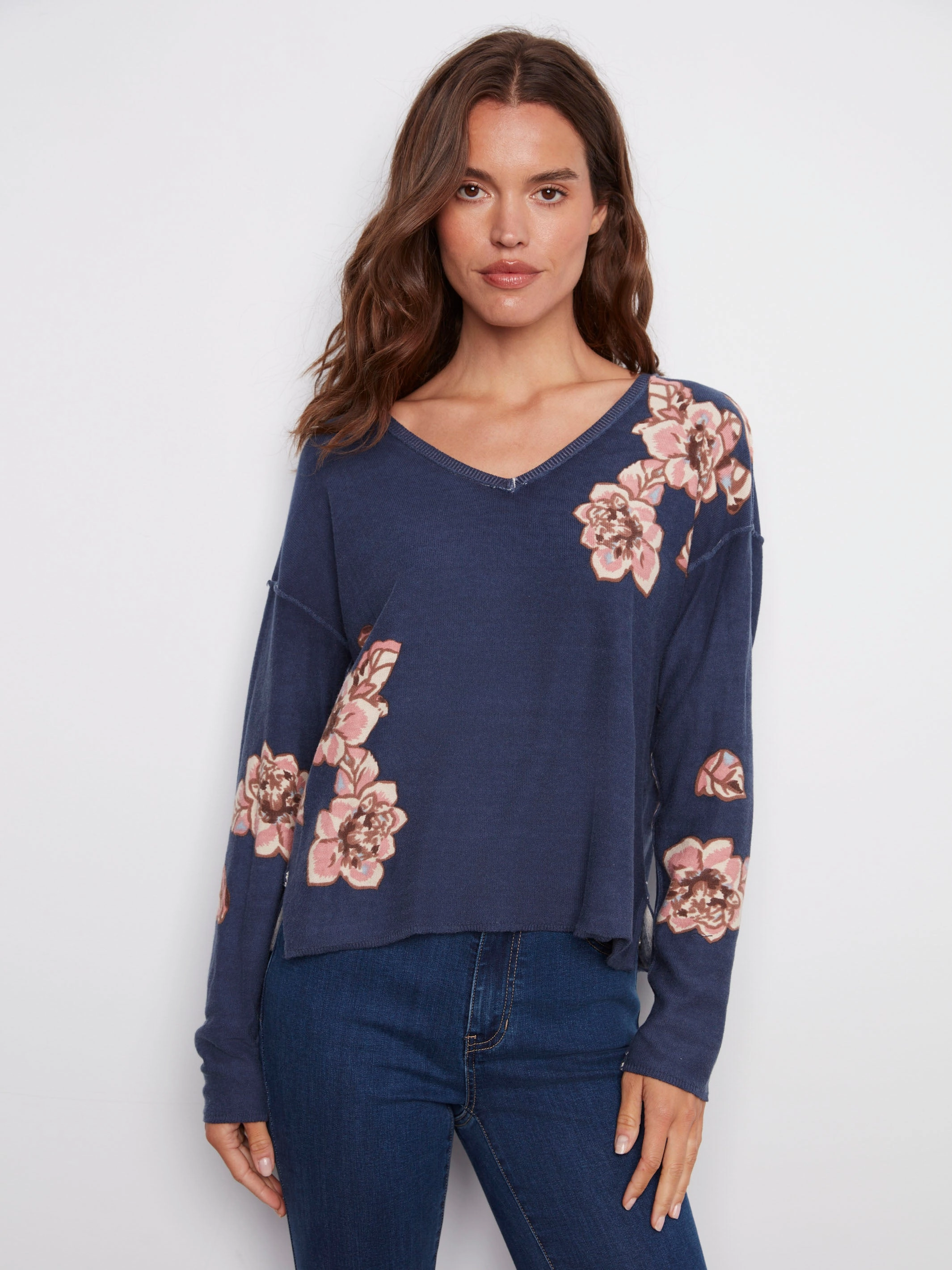 Promotion Seamless Side Panels Reversible Floral V-Neck Sweater - Denim
