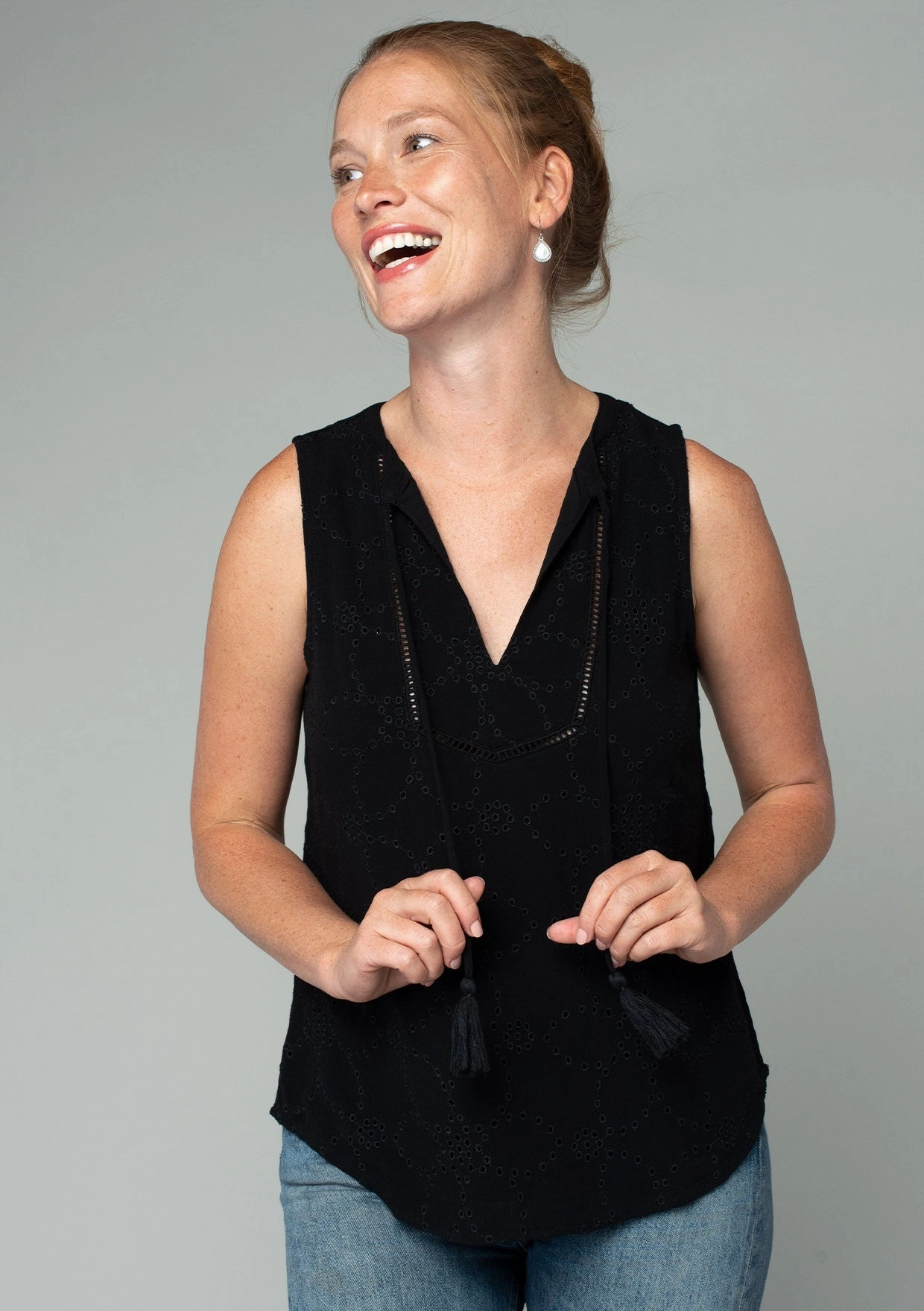 Picnic Fun Fashion Trend EYELET TANK WITH TIE NECK