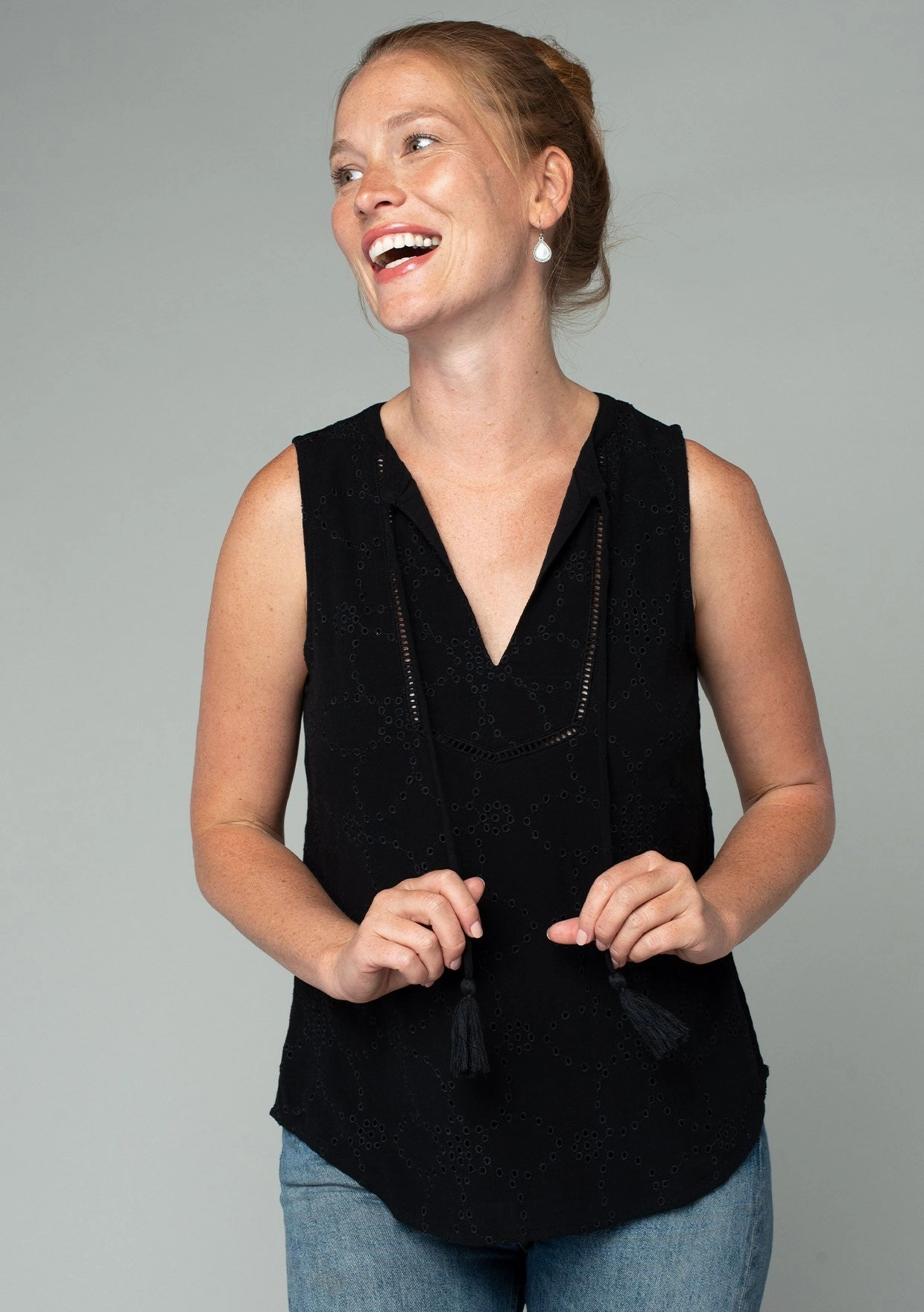 EYELET TANK WITH TIE NECK DoubleLayered Neckline