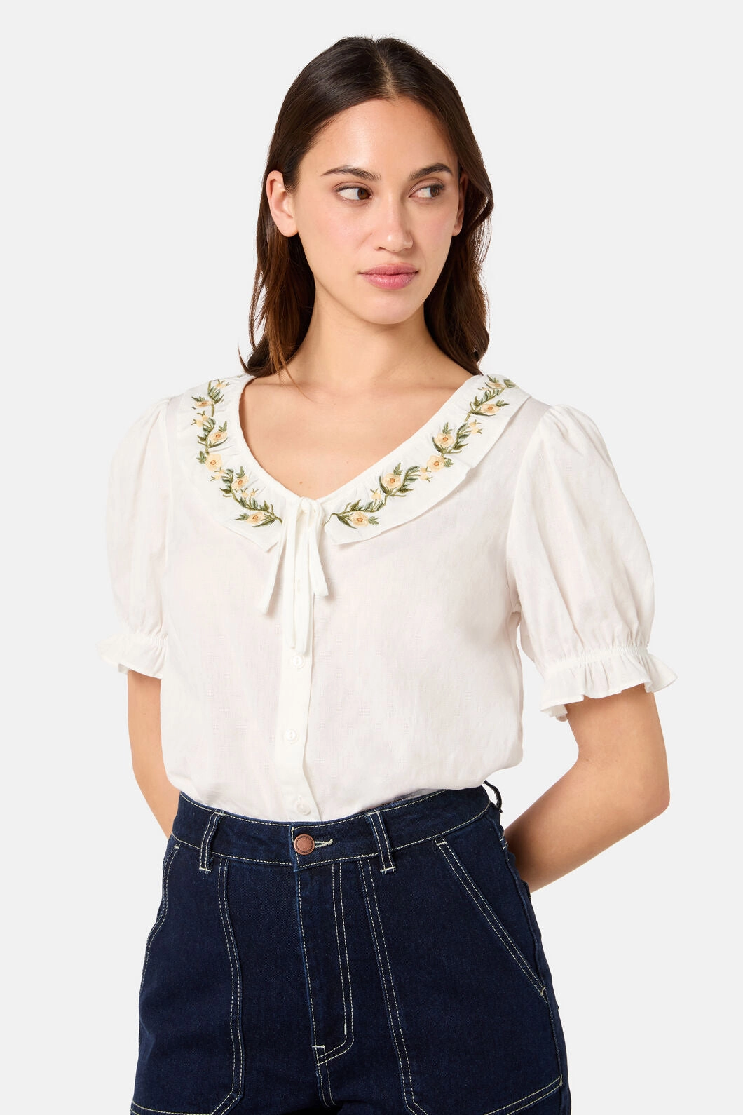 Flexible Knit Fabric RibbedTrims Esme Embroidered Blouse