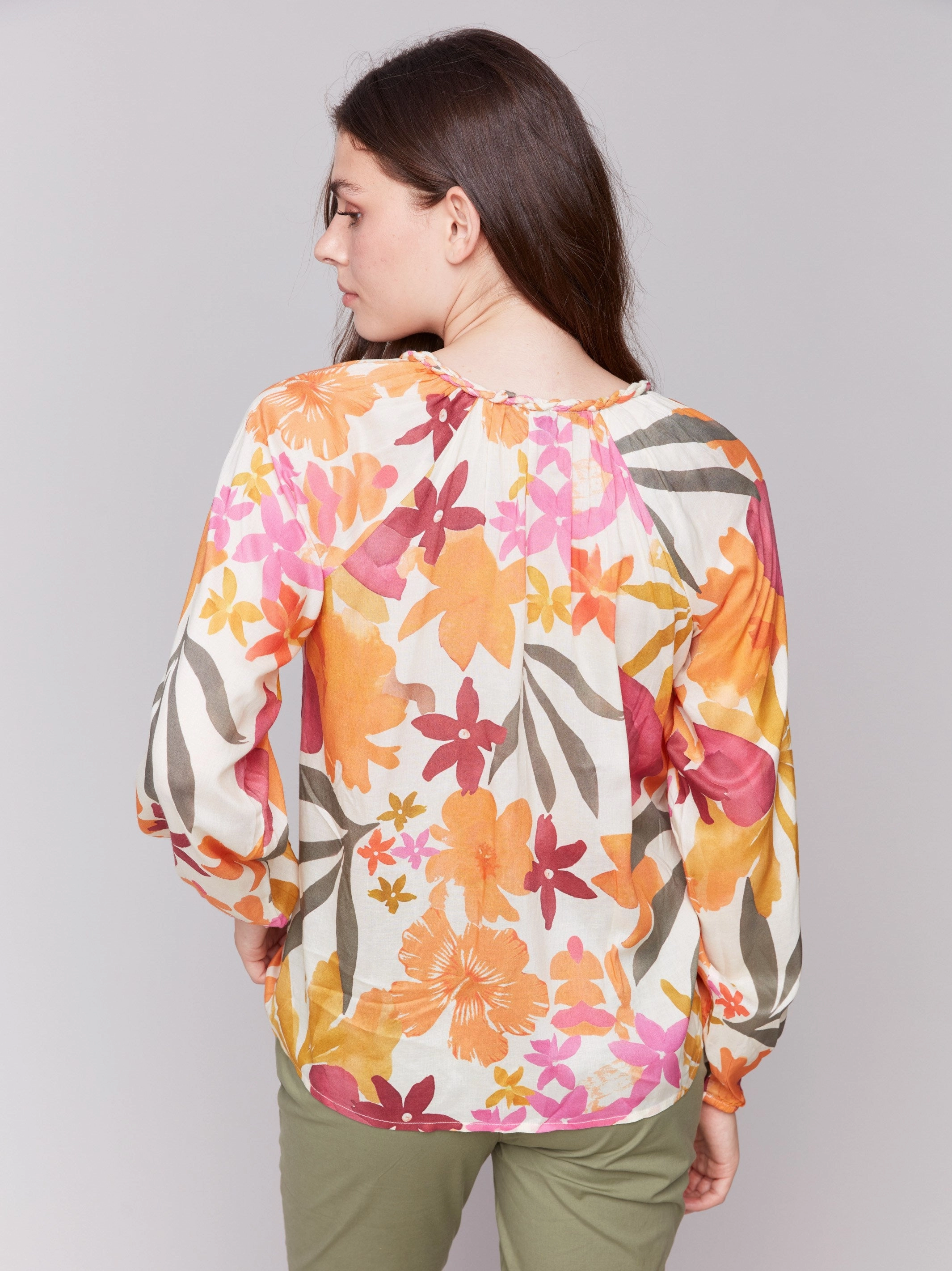 Printed Viscose Long Sleeve Popover Blouse - Bouquet Wrinkle Resistant Finish