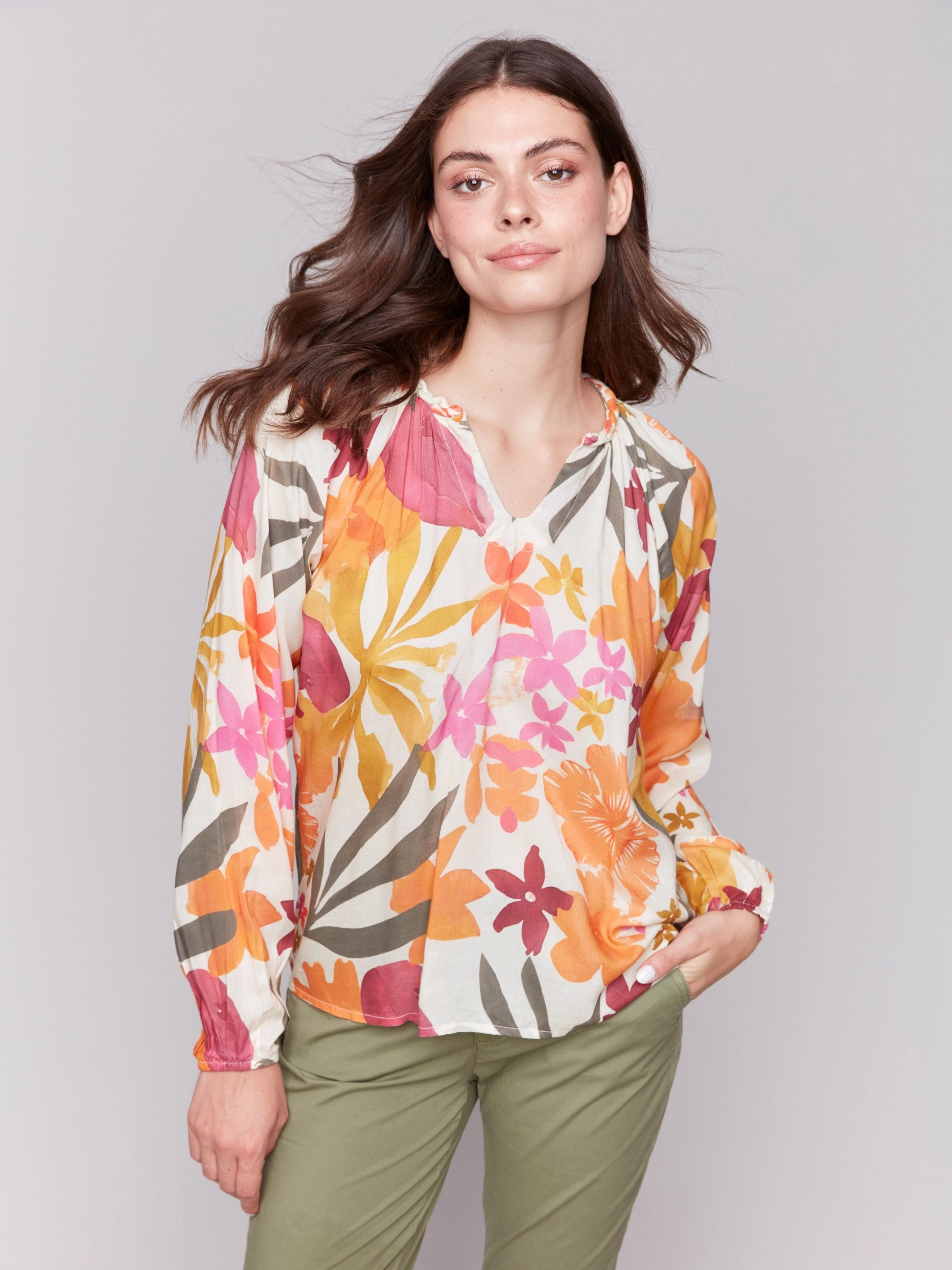 Midweight Textile Printed Viscose Long Sleeve Popover Blouse - Bouquet