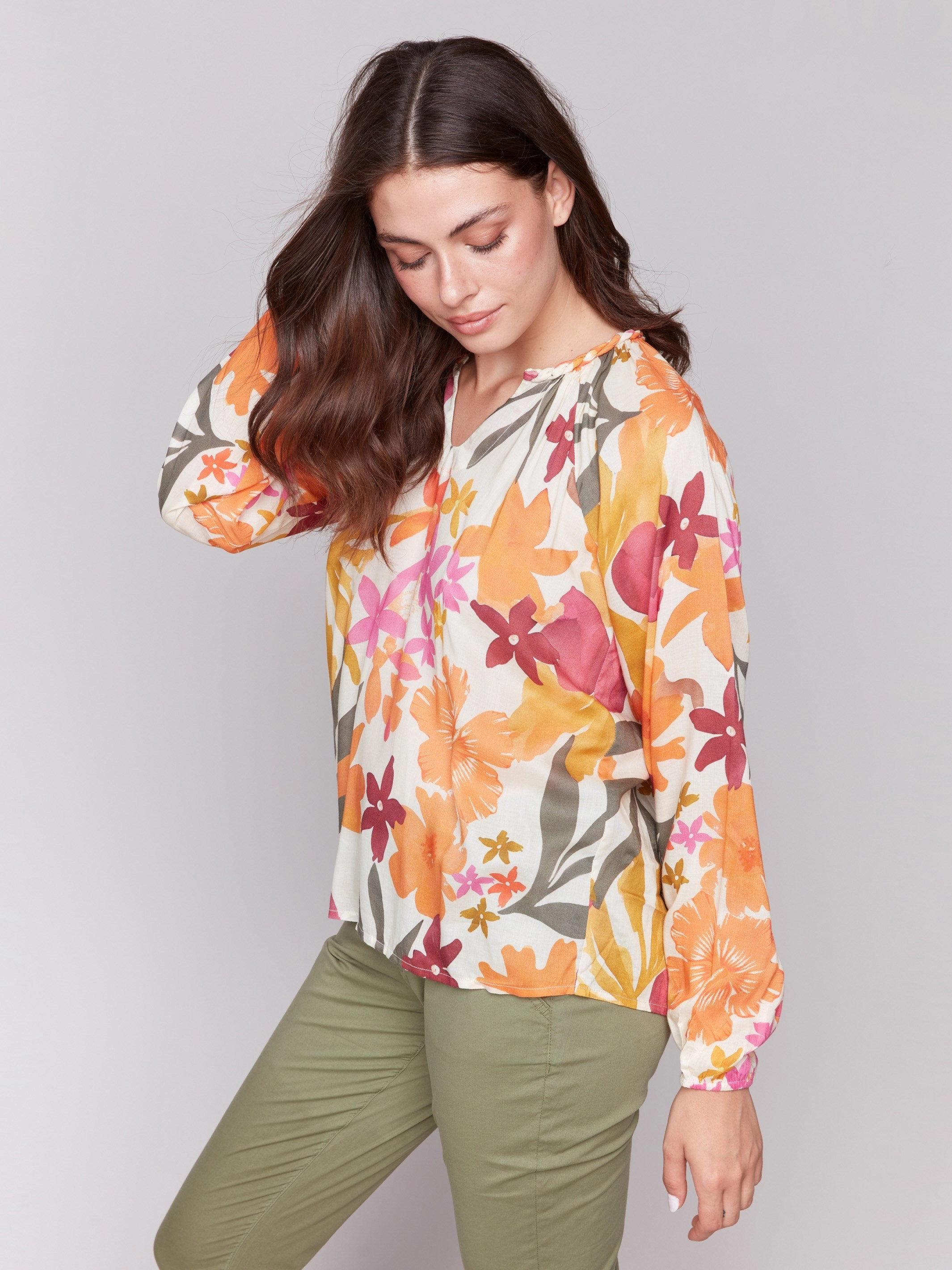 Quick-Dry Exclusive Collection Printed Viscose Long Sleeve Popover Blouse - Bouquet