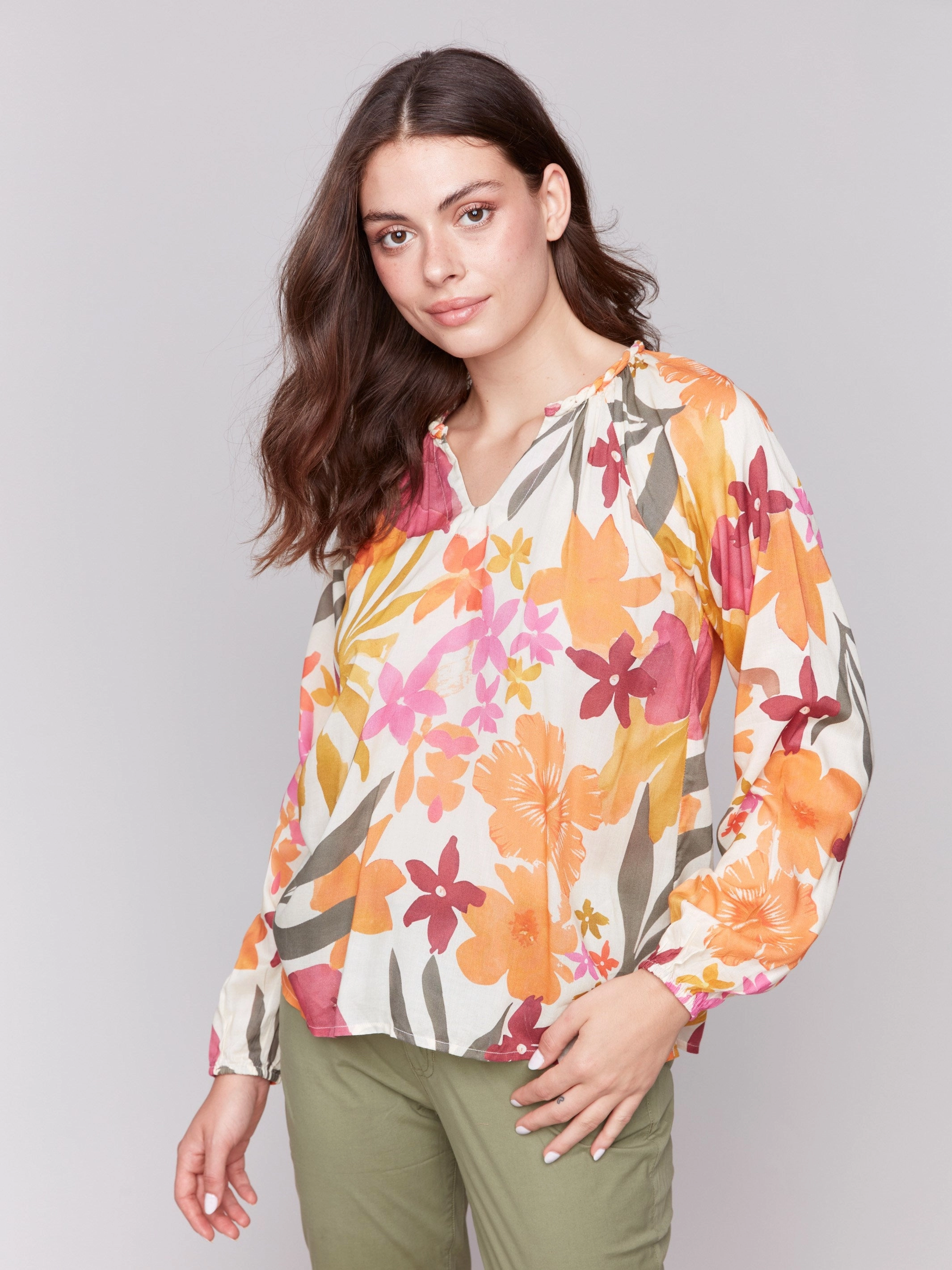 Layered Collar Printed Viscose Long Sleeve Popover Blouse - Bouquet