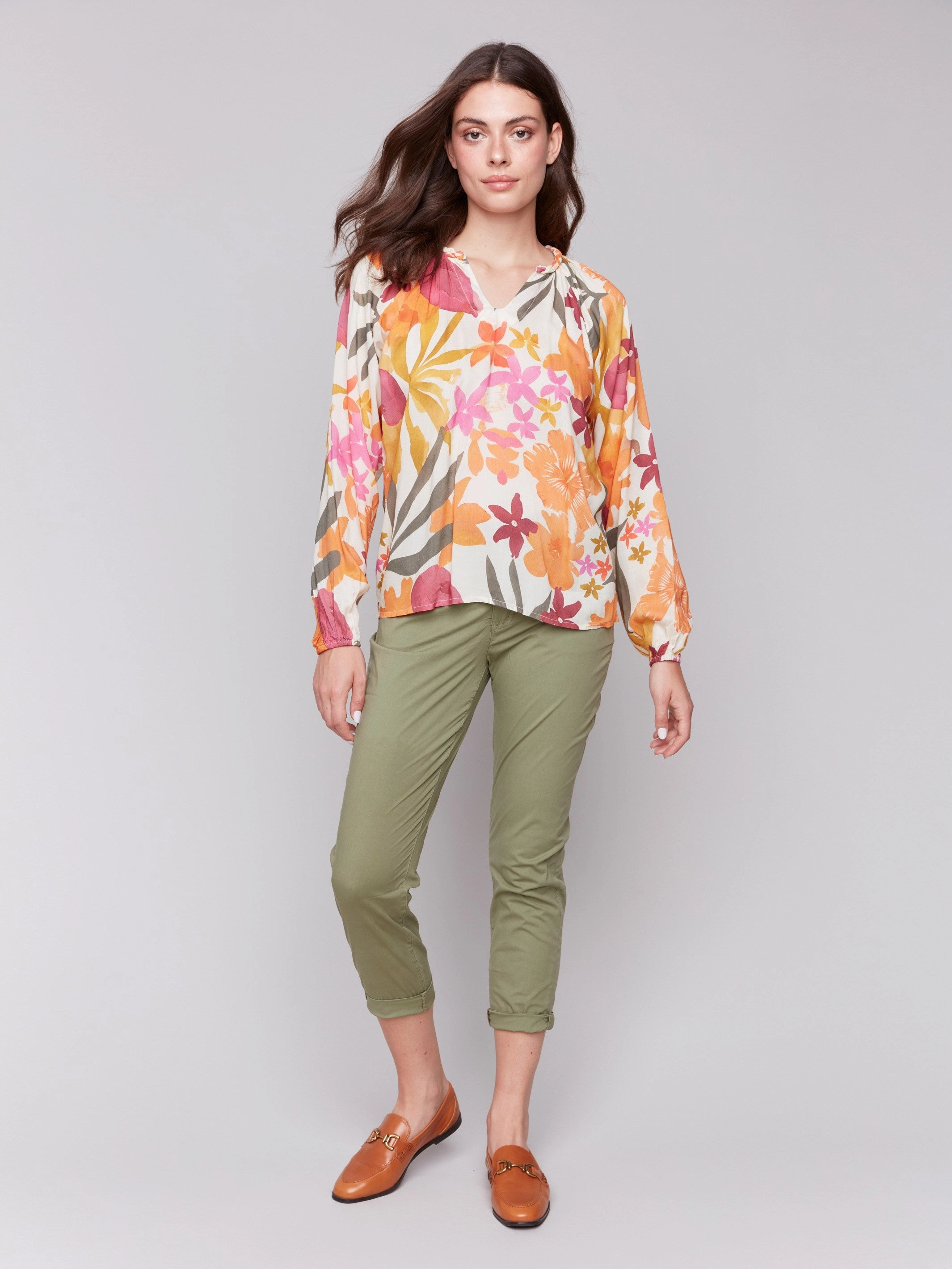 Printed Viscose Long Sleeve Popover Blouse - Bouquet elegant design