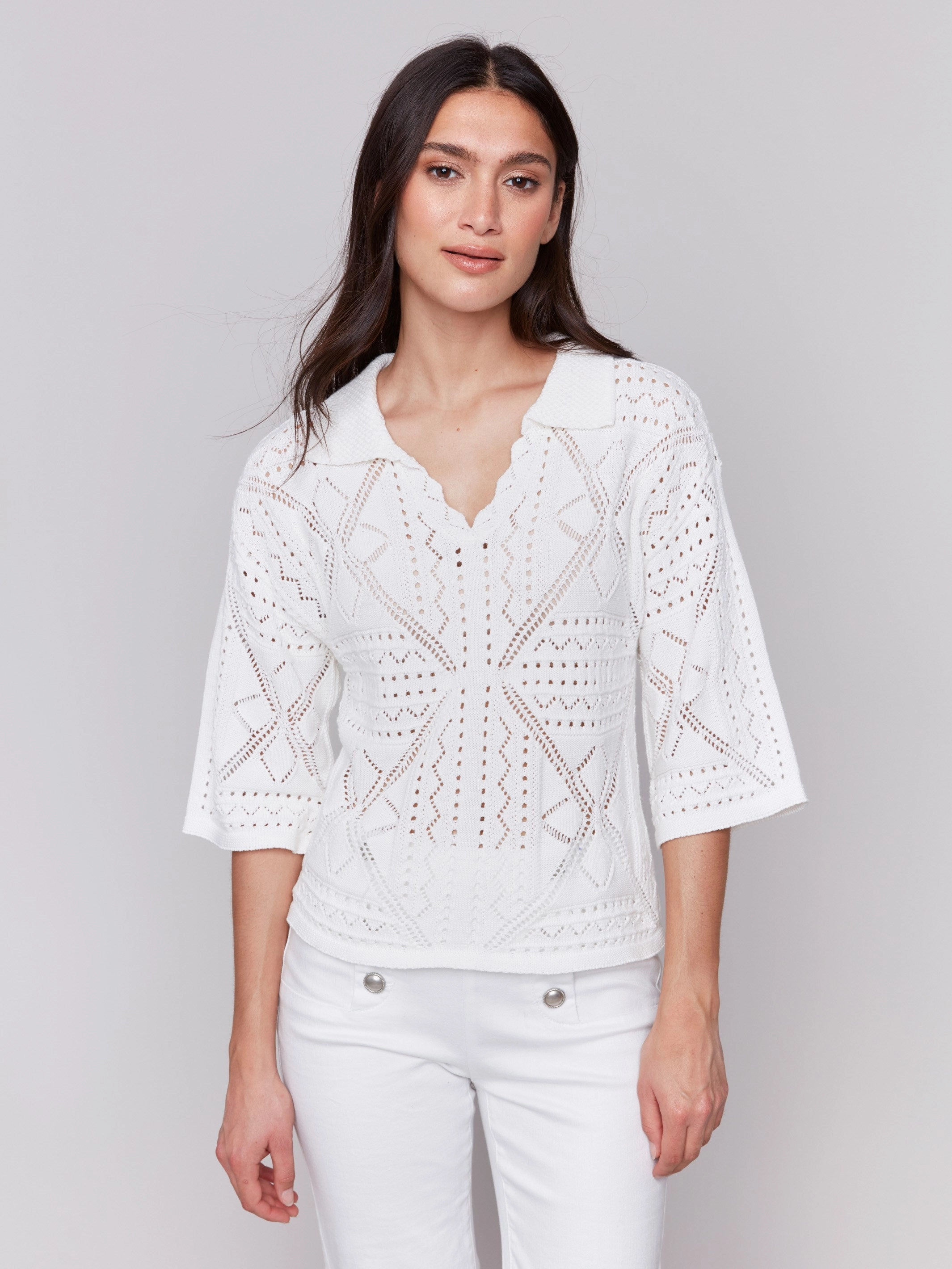 Johnny Collar Pointelle Sweater - White Thermal Lining