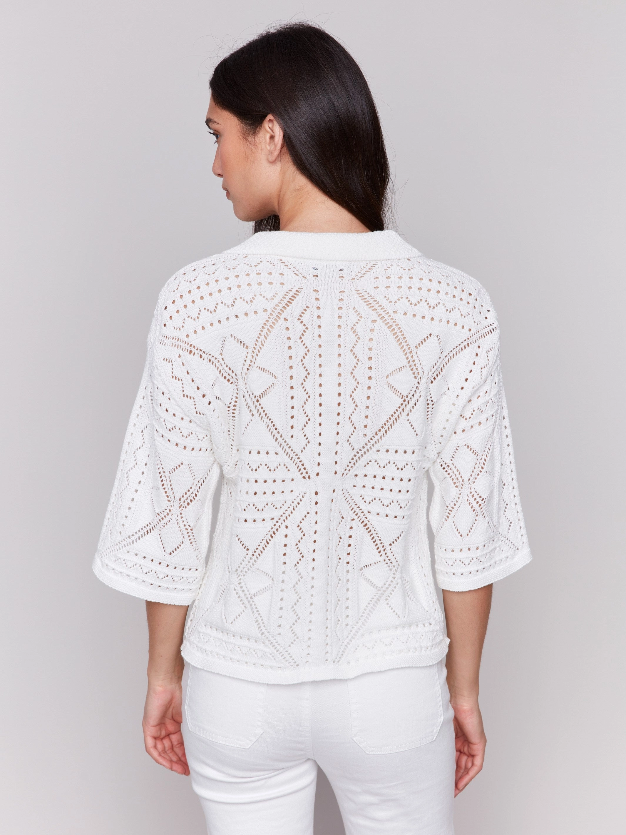 Johnny Collar Pointelle Sweater - White Cozy Wear Design