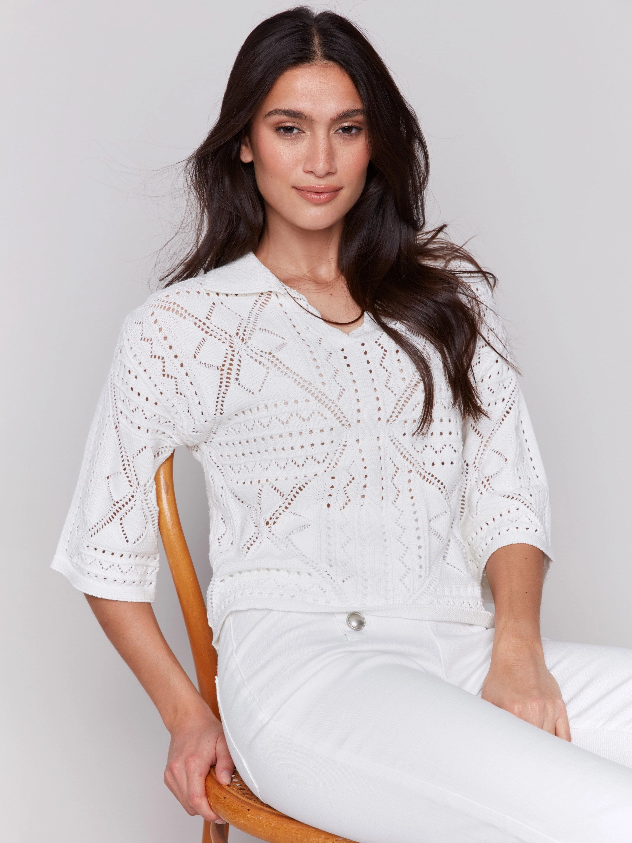 Johnny Collar Pointelle Sweater - White Layered Style Comfortable Choice