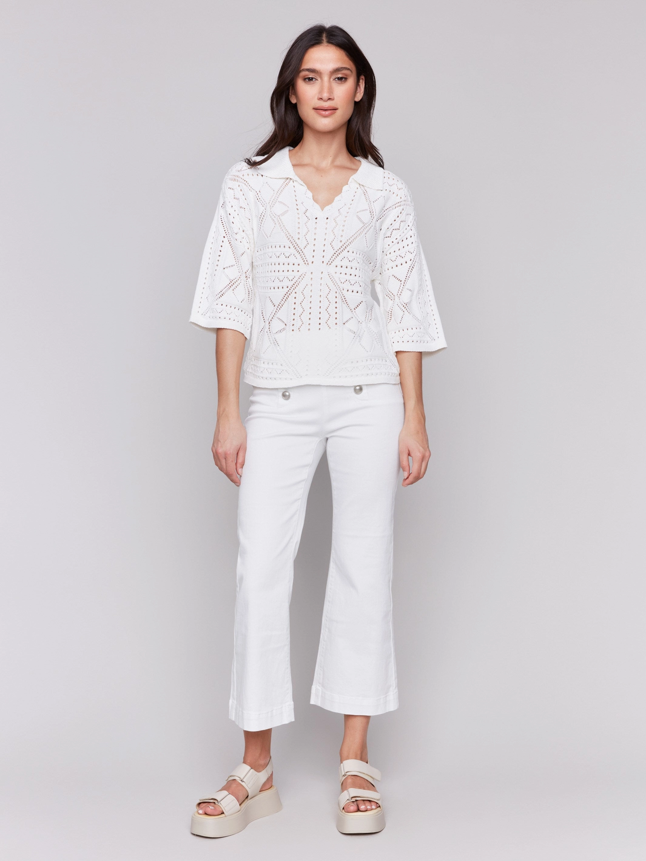 Knit Comfort Wear Johnny Collar Pointelle Sweater - White