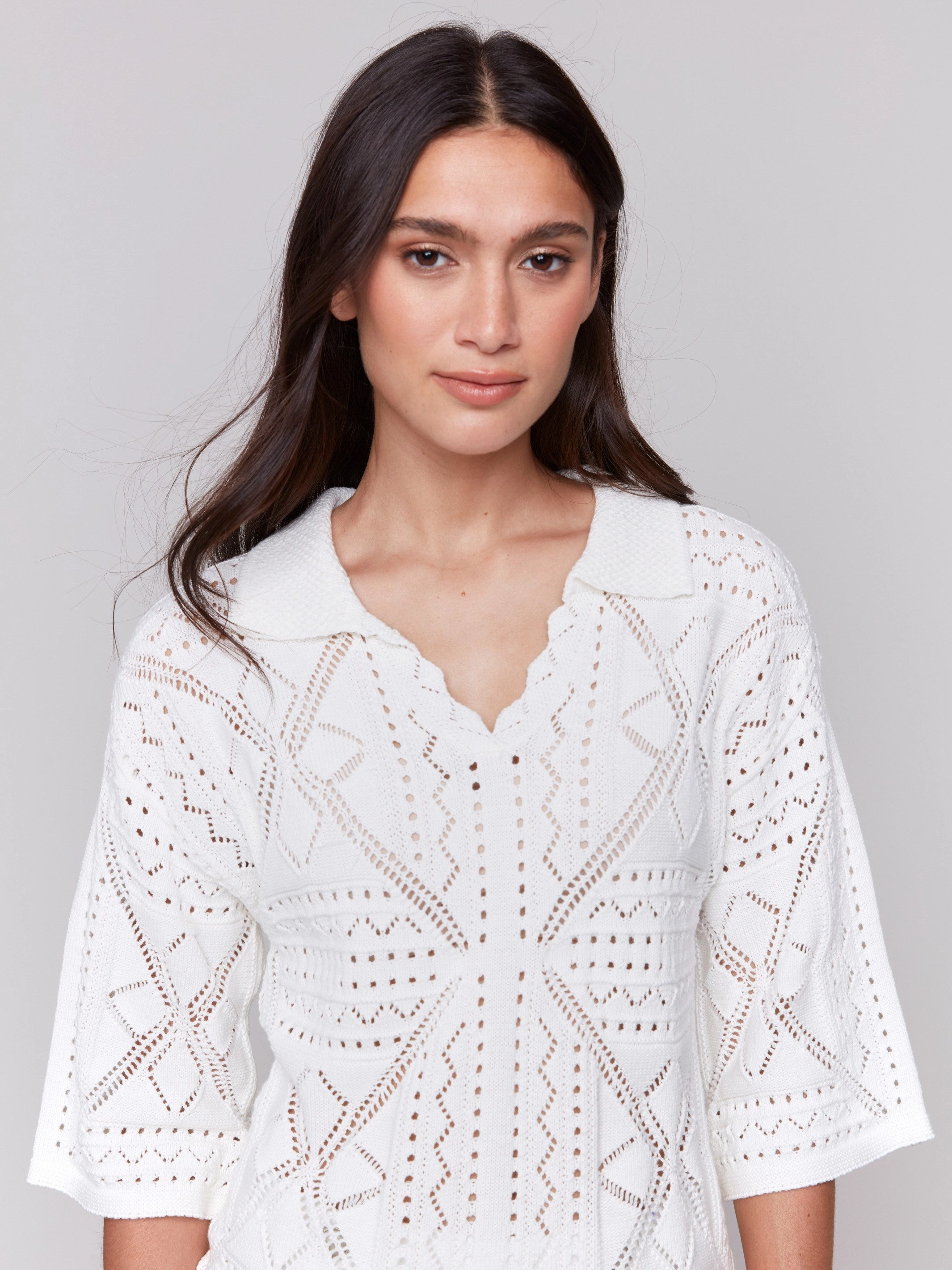 Soft Design Johnny Collar Pointelle Sweater - White