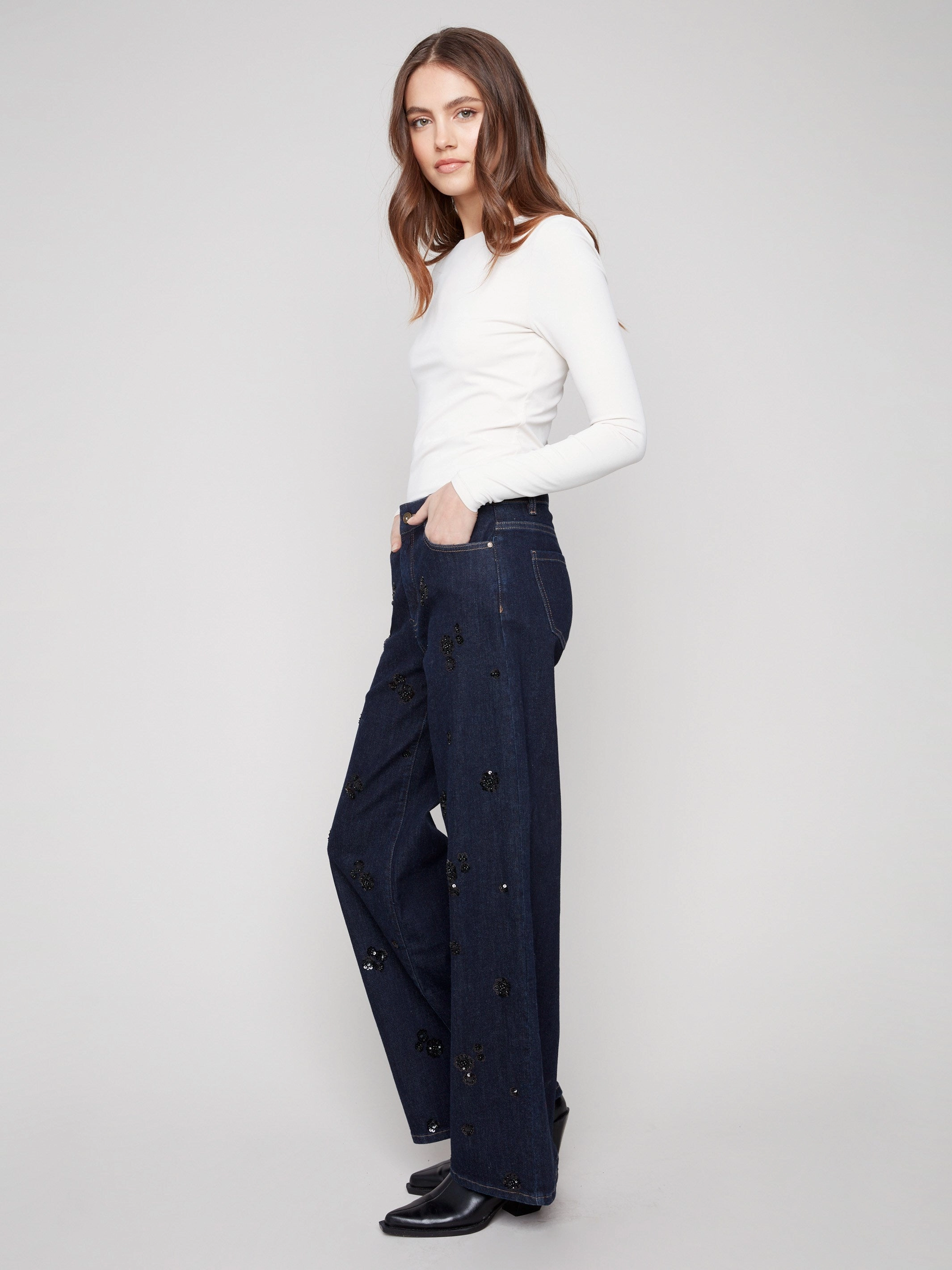 Wide Leg Sequin Embroidered Jeans - Deep Blue Casual Wear Vintage Lover Smooth Bold