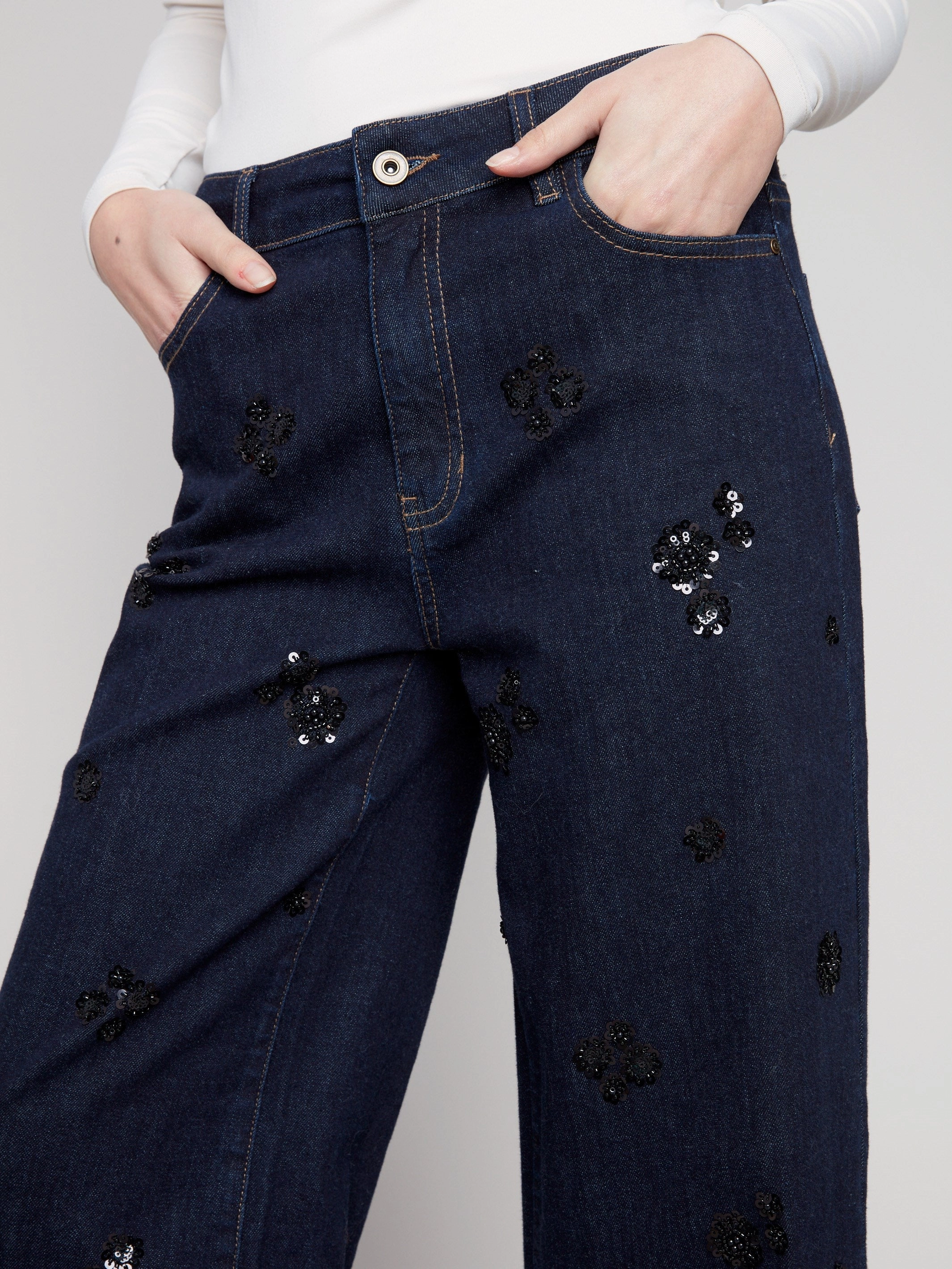 Wide Leg Sequin Embroidered Jeans - Deep Blue Premium Material