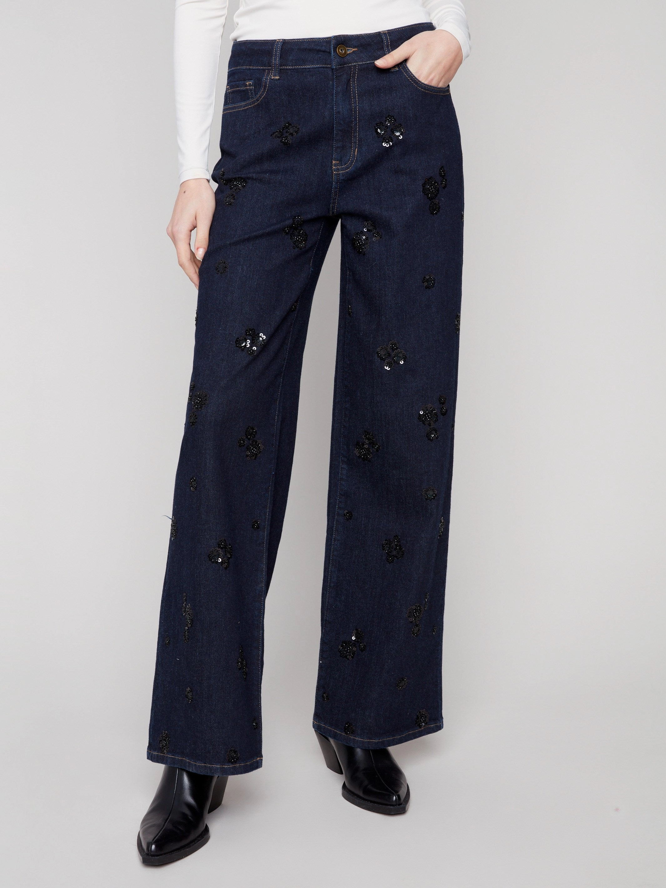 Wide Leg Sequin Embroidered Jeans - Deep Blue Lightweight Parent Style Durable Party Look Couple Look Earthy