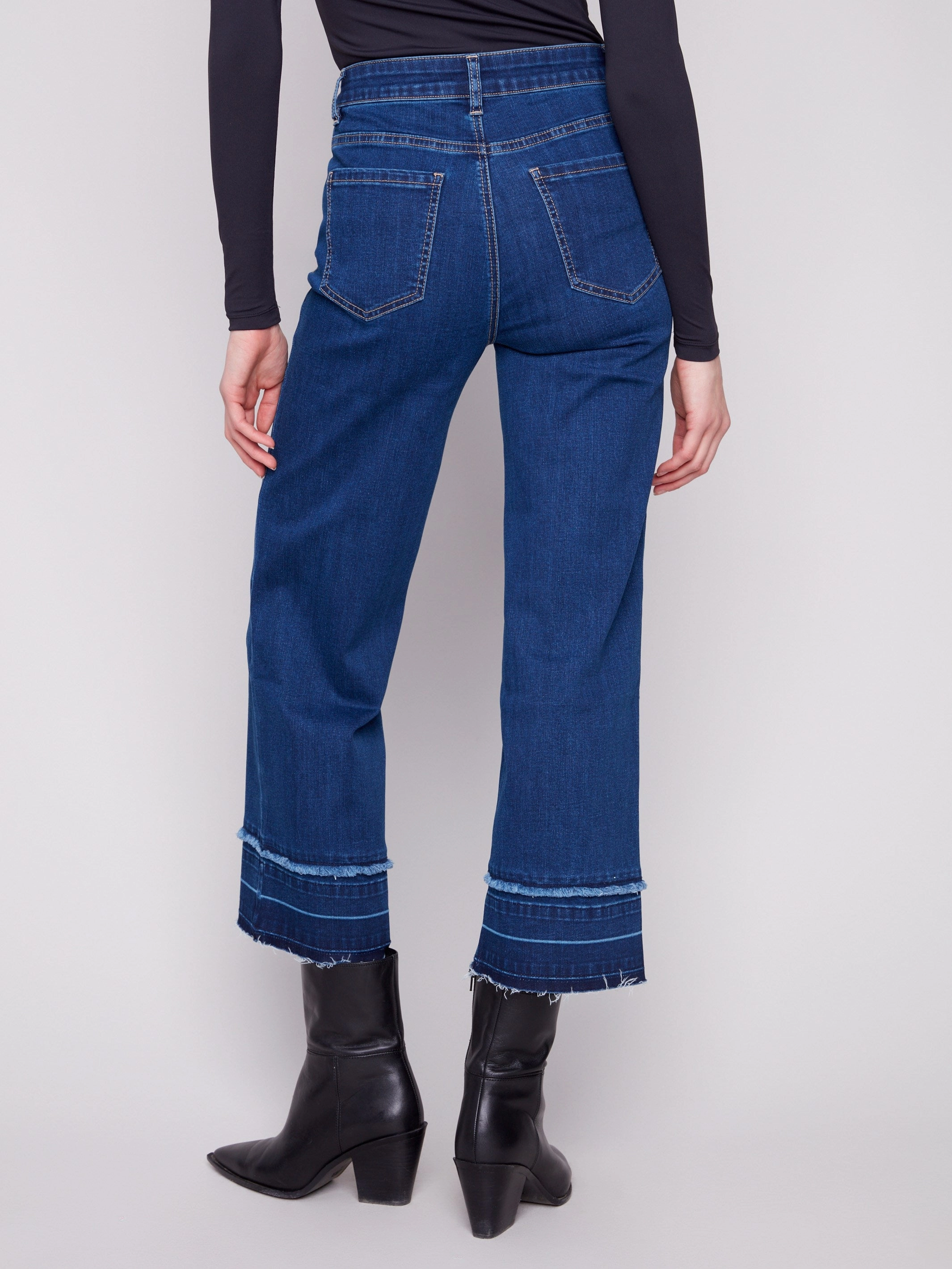 Trendy Waist Softened Lining Flare Leg Jeans With Fringed Hem - Indigo
