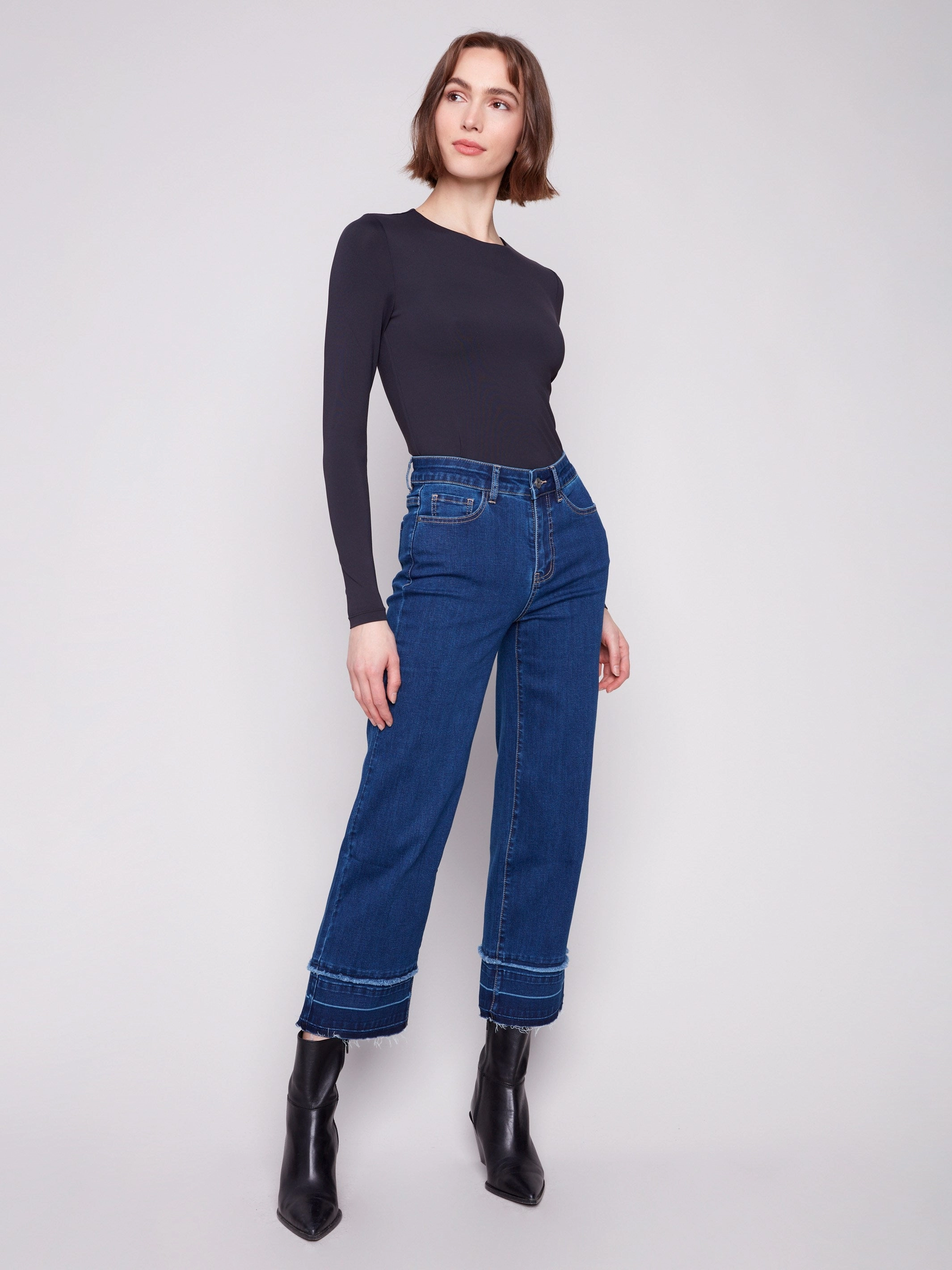 Basic Comfort Flare Leg Jeans With Fringed Hem - Indigo