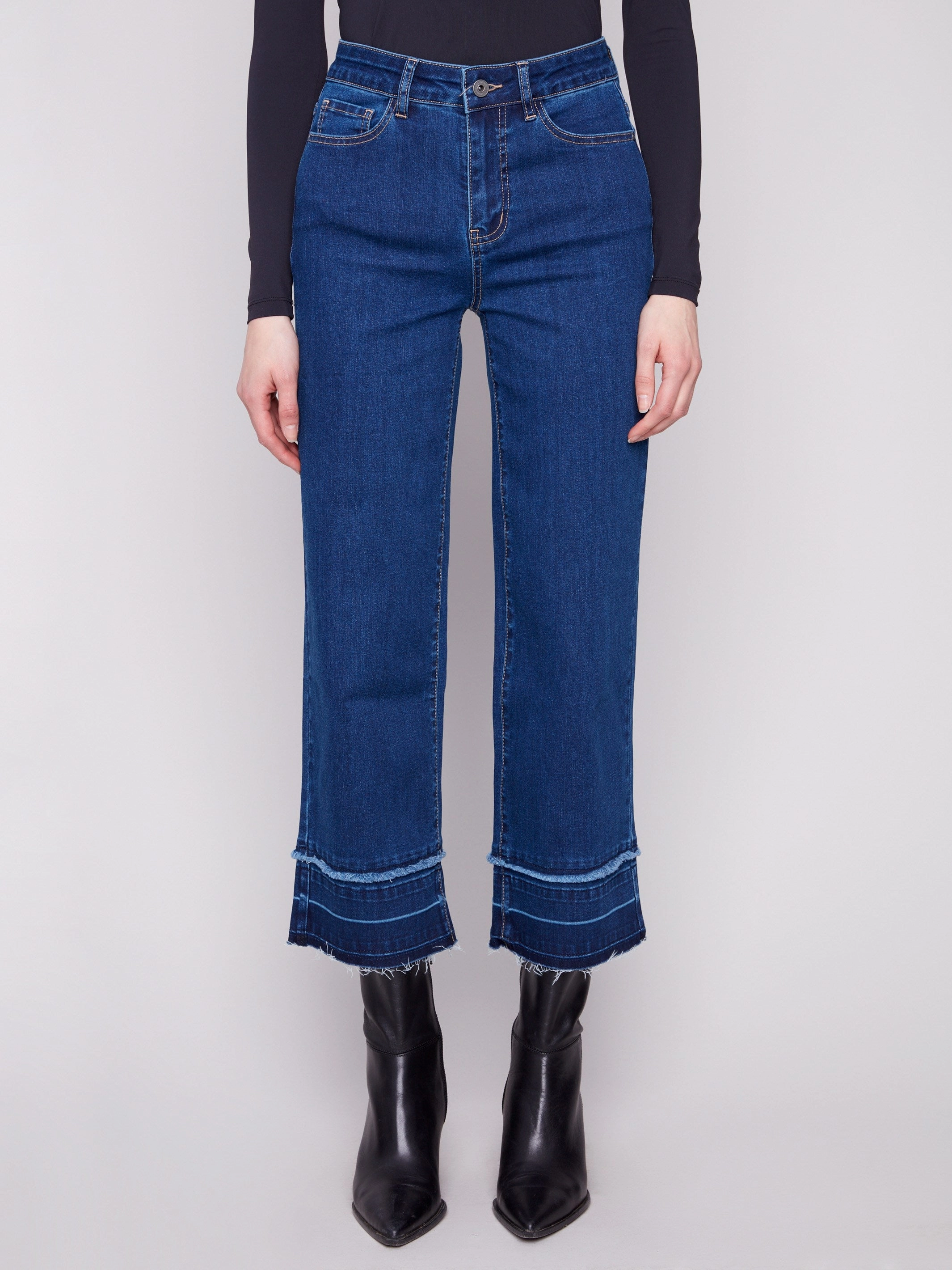 Straight Cut Quality Basic Flare Leg Jeans With Fringed Hem - Indigo