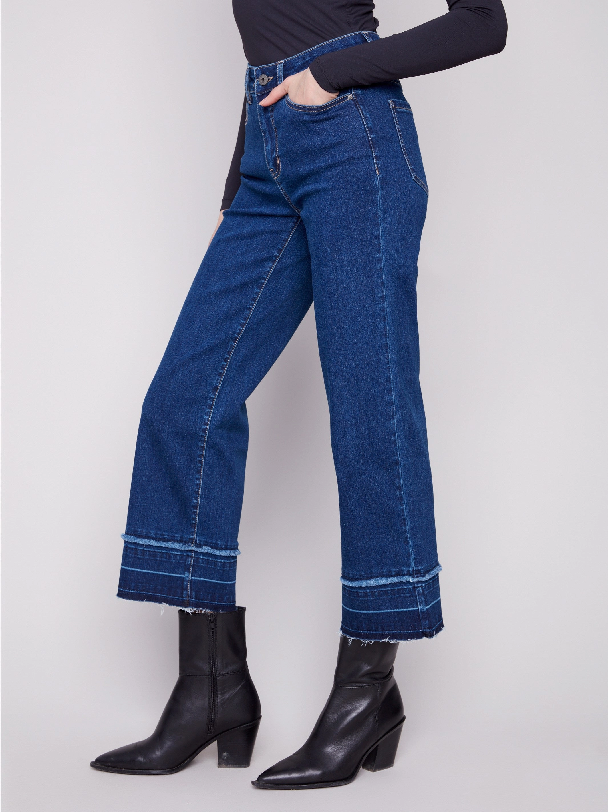 Flare Leg Jeans With Fringed Hem - Indigo Easy Essentials
