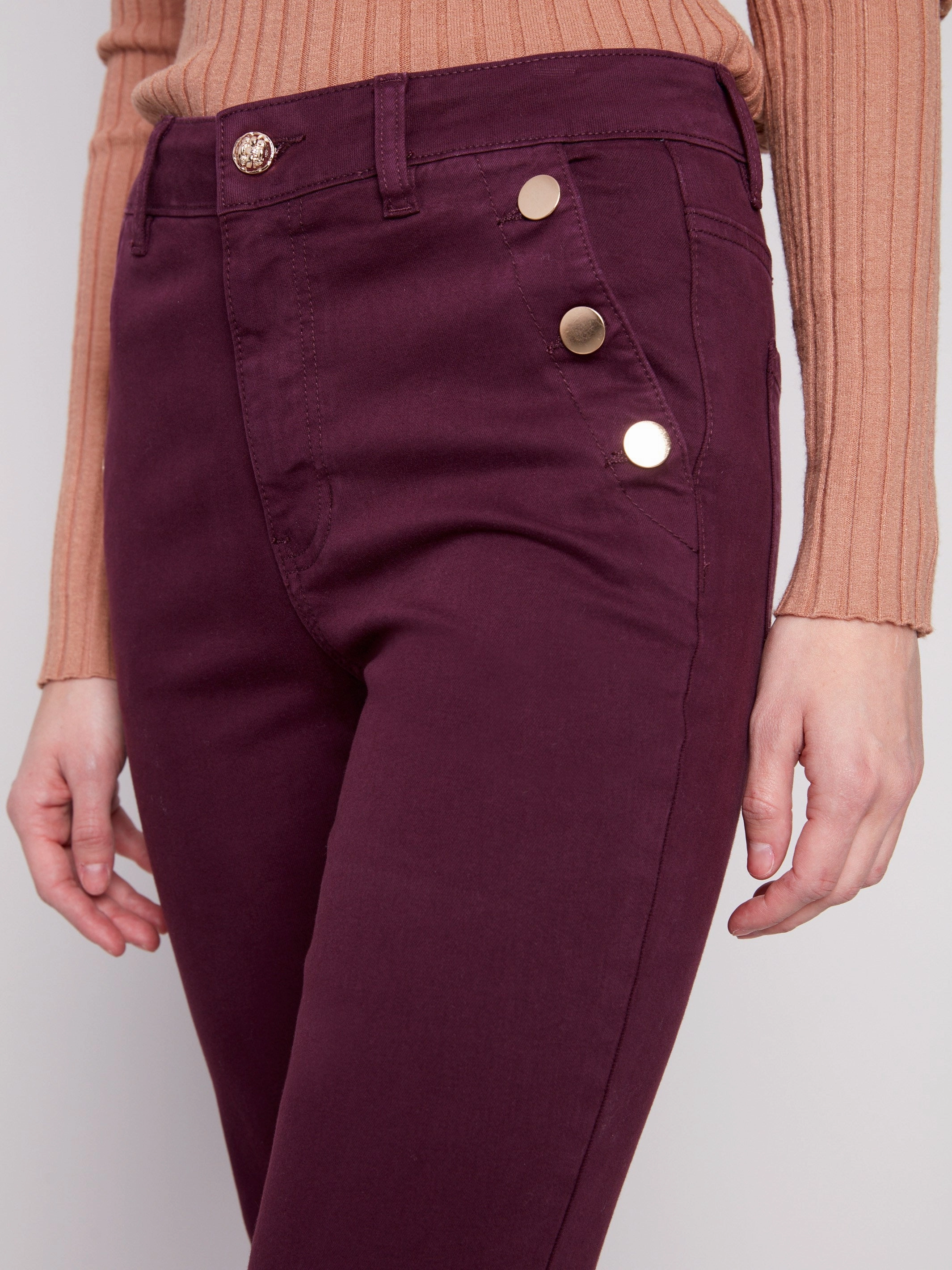 Flare Leg Stretch Twill Pants With Buttons - Berry Minimal Fashion