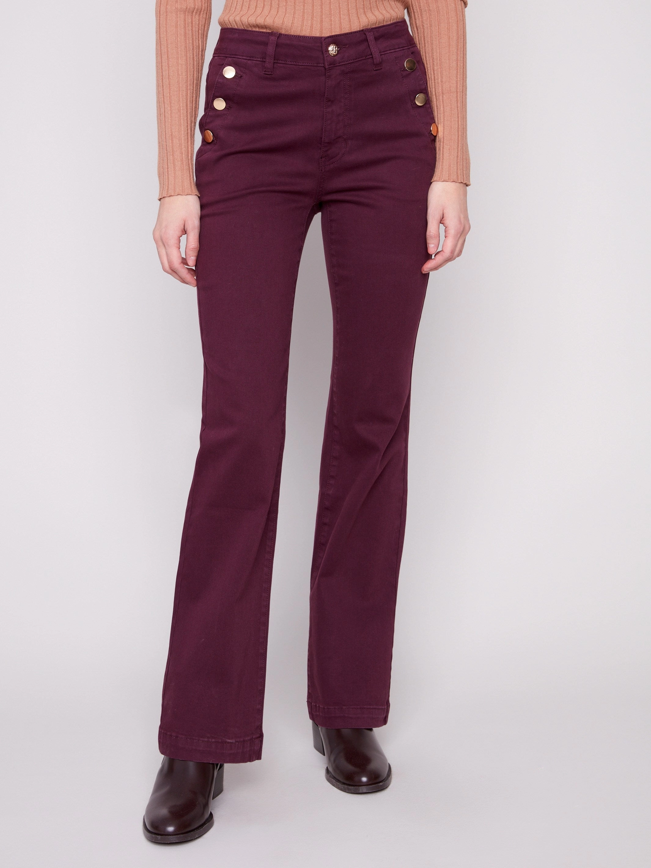 Easy Fashion Abrasion Resistance Flare Leg Stretch Twill Pants With Buttons - Berry
