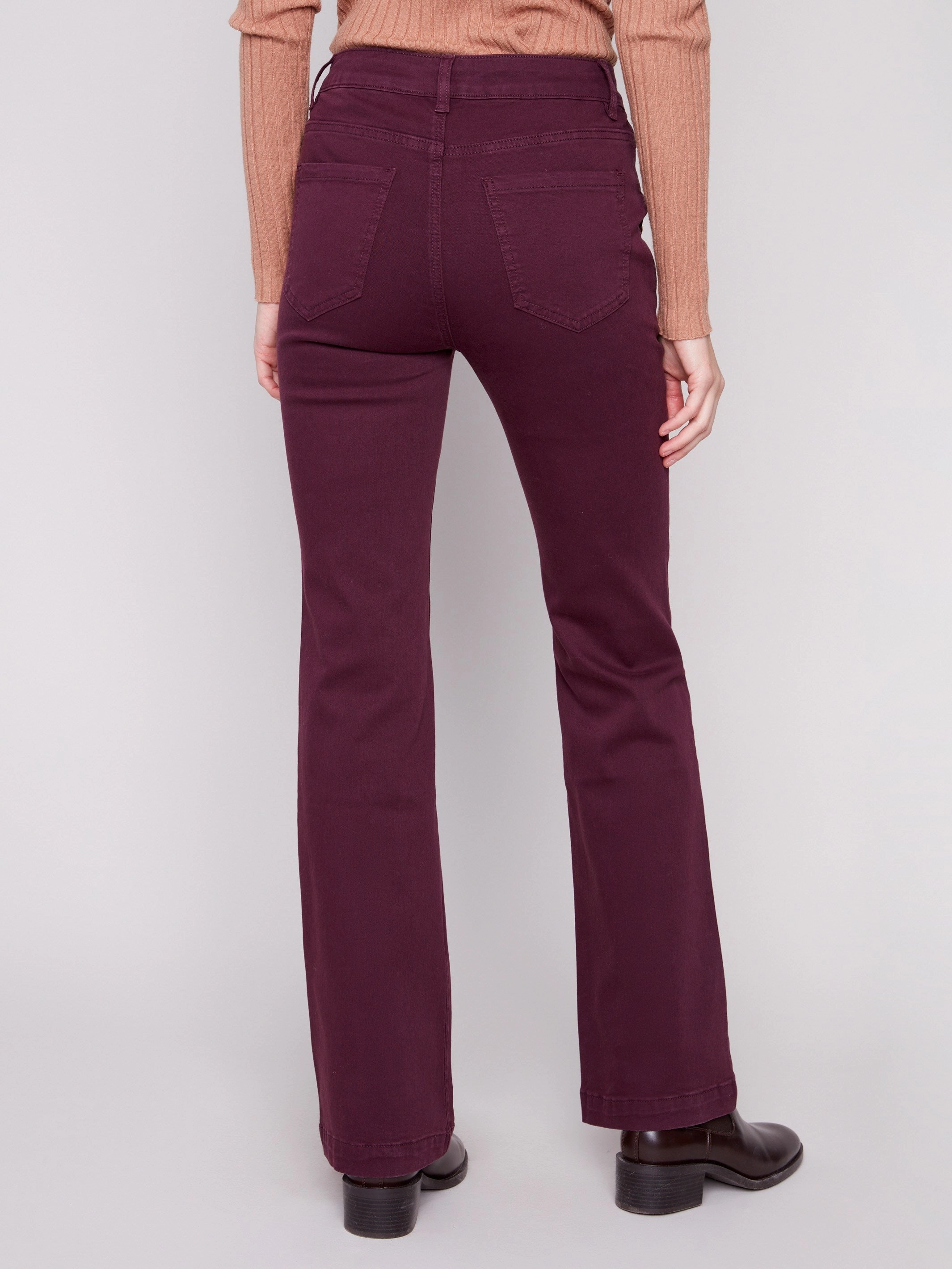Flare Leg Stretch Twill Pants With Buttons - Berry All Fit Style Luxury Textured