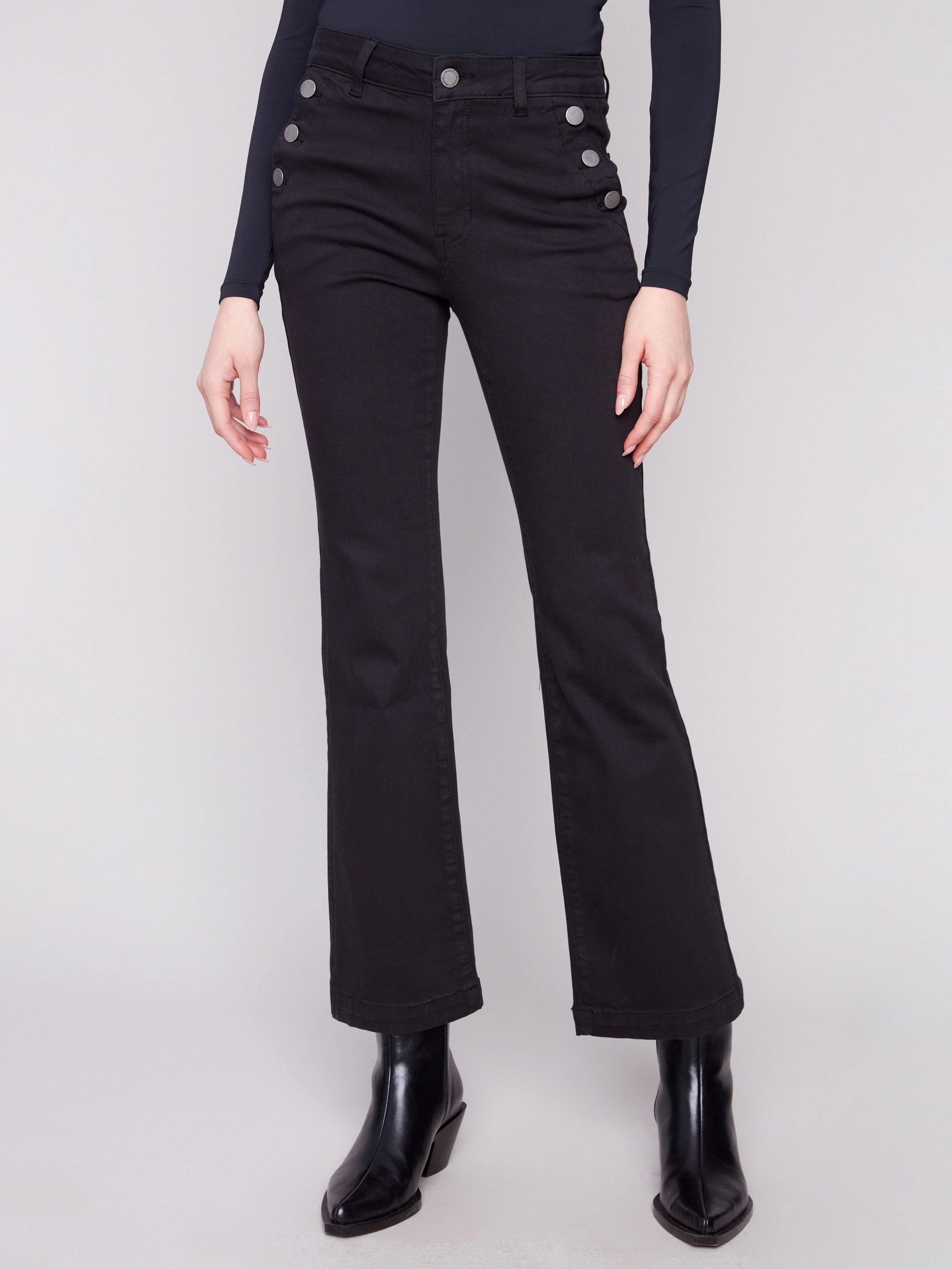 Flare Leg Stretch Twill Pants With Buttons - Black Smooth Picnic Style
