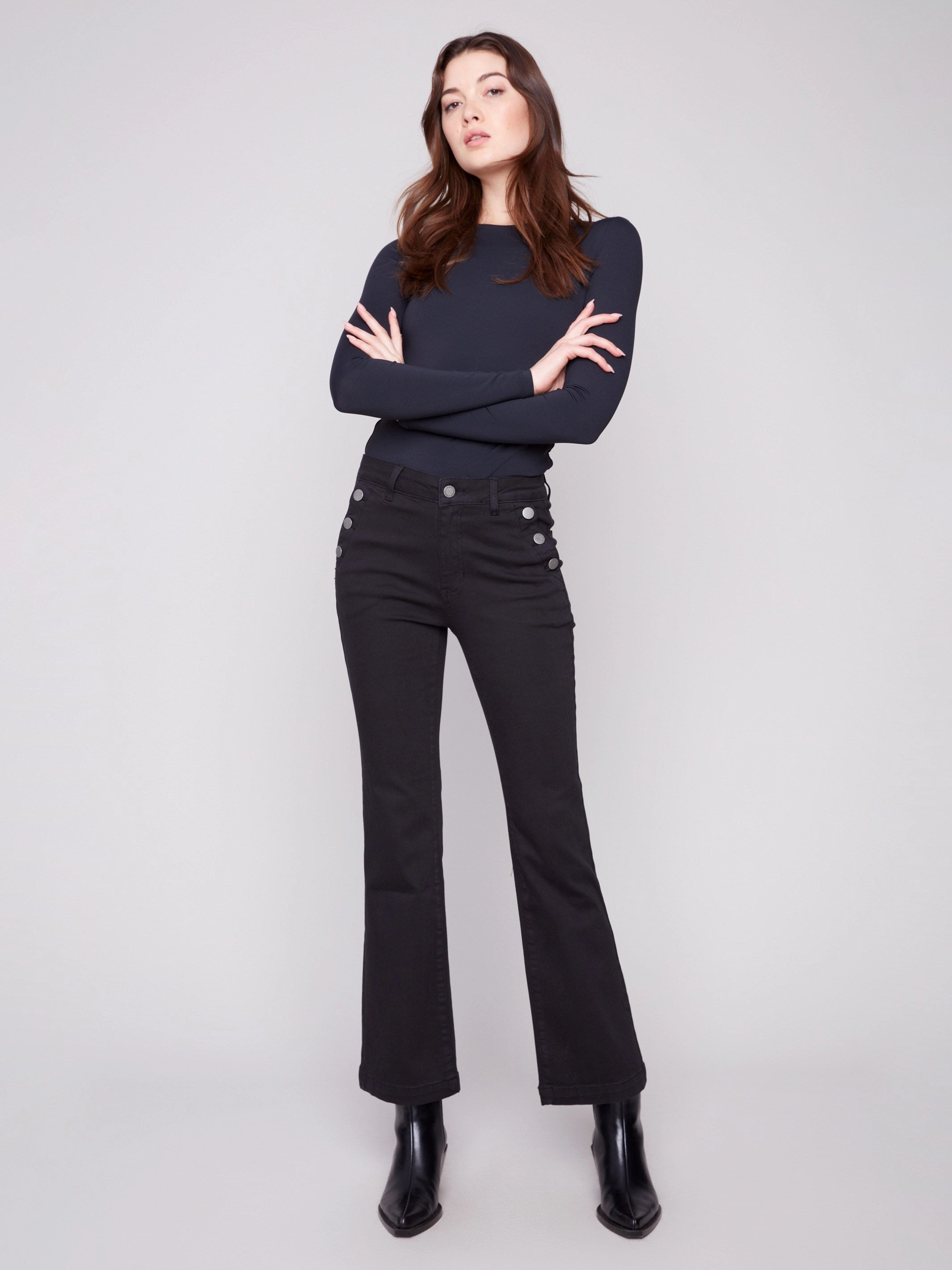 Flare Leg Stretch Twill Pants With Buttons - Black Functional Casual