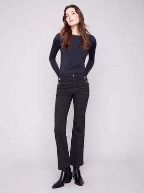 Flare Leg Stretch Twill Pants With Buttons - Black Layered Basics Rainy Day Brunch Outfit