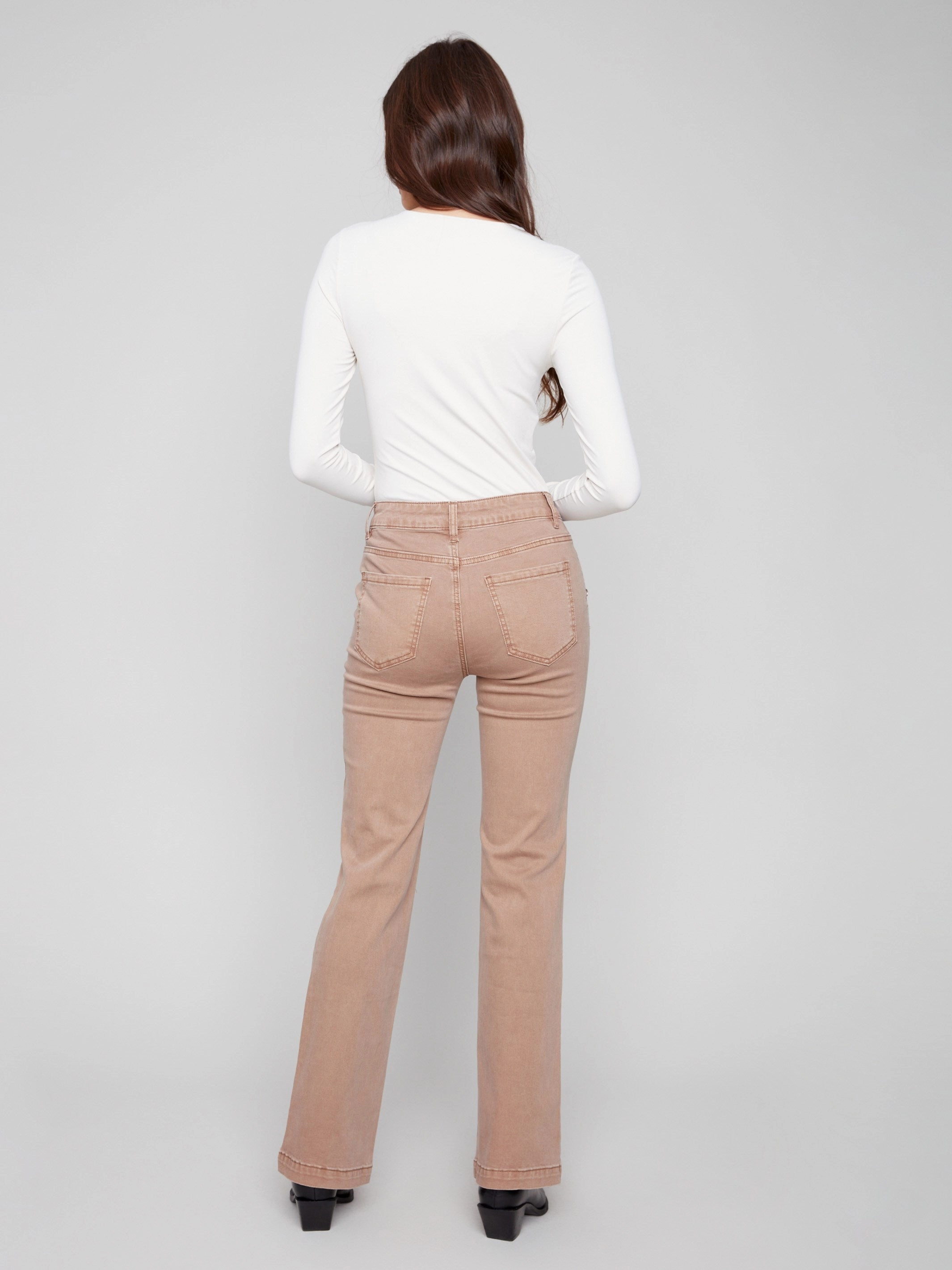Flare Leg Stretch Twill Pants With Buttons - Truffle Casual Cool Road Trip Casual Friday Home Comfort