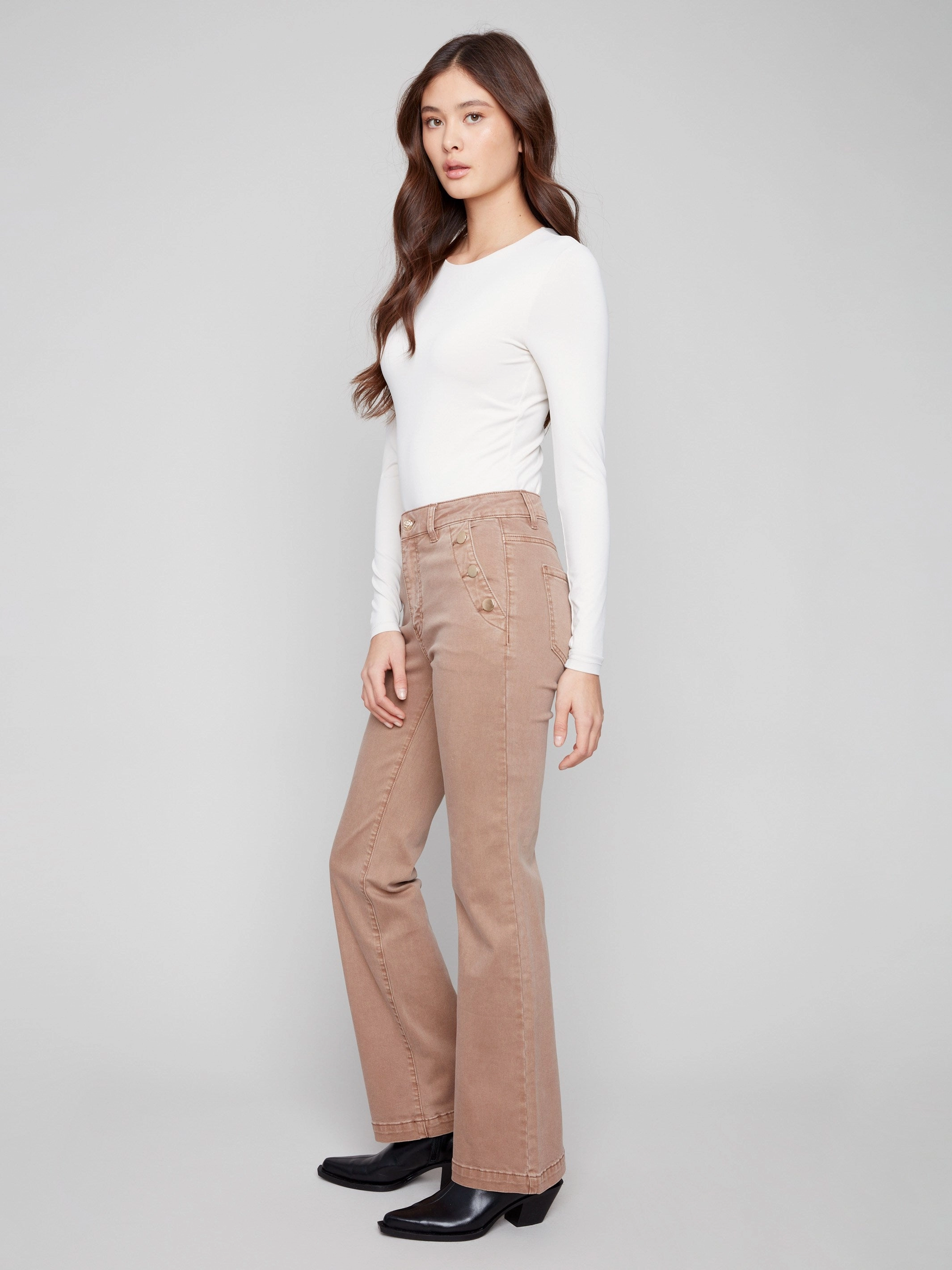 Refined Detail Flare Leg Stretch Twill Pants With Buttons - Truffle