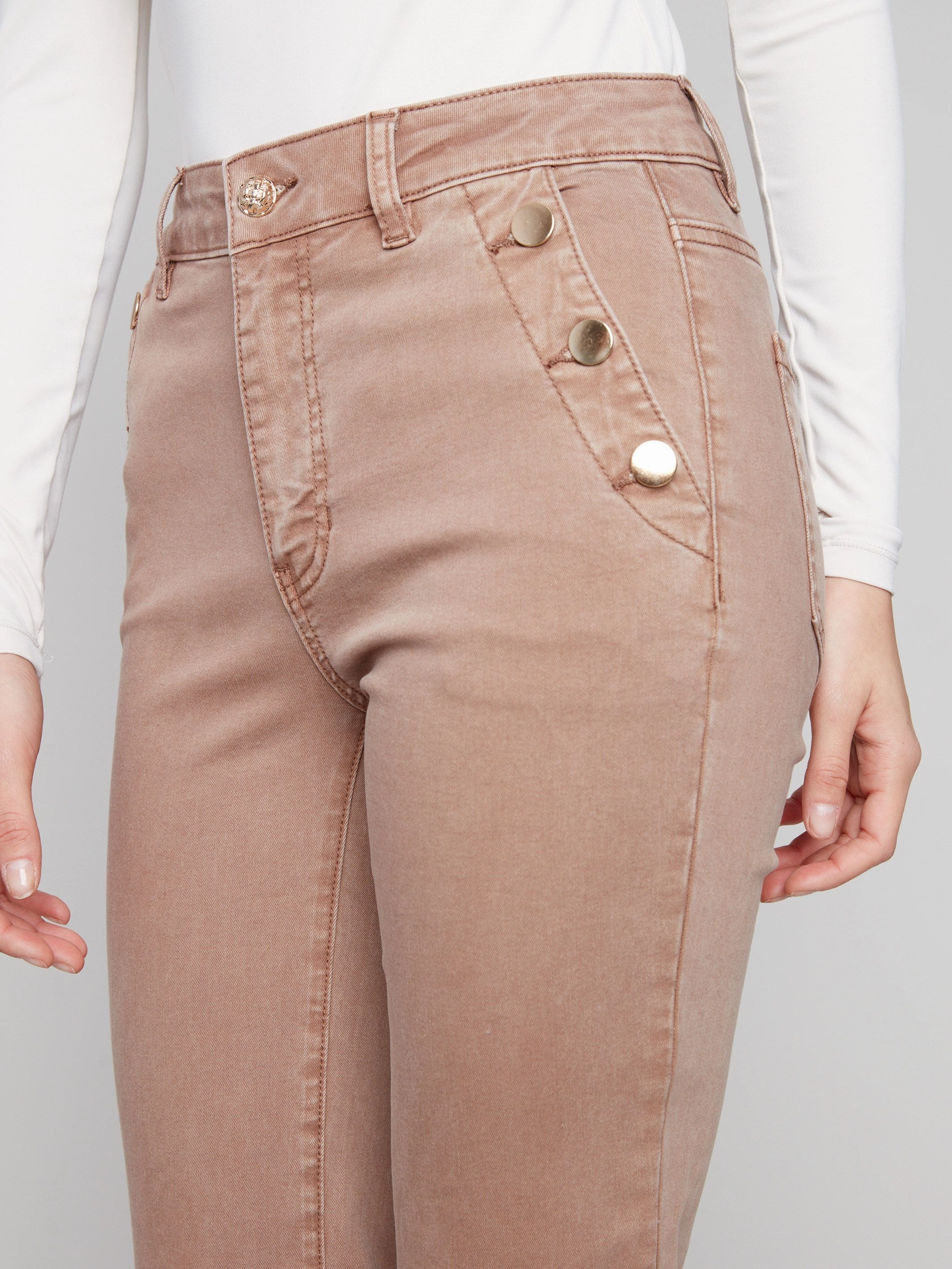 Flare Leg Stretch Twill Pants With Buttons - Truffle Smooth Shape