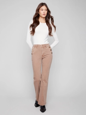 Chic Silhouette Any Time Wear Flare Leg Stretch Twill Pants With Buttons - Truffle
