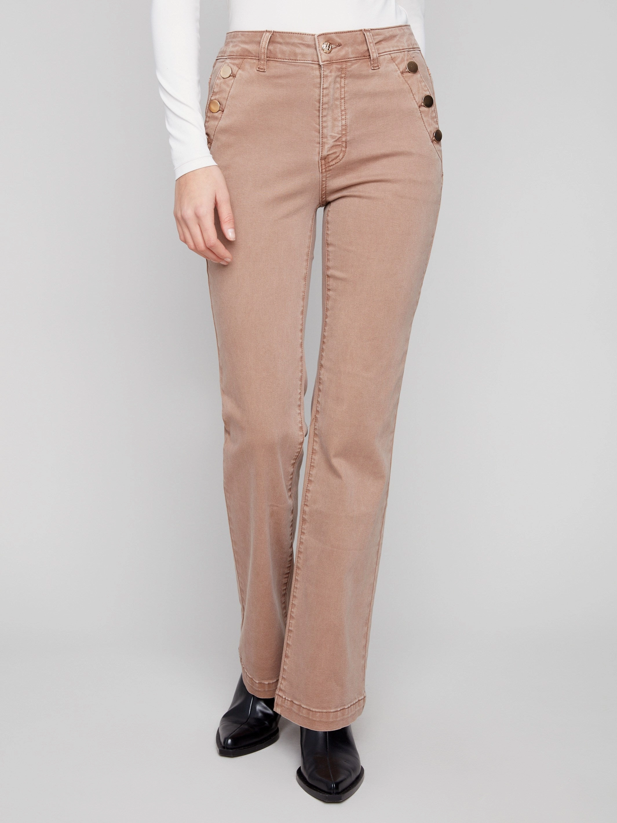 City Ready Relaxed Fit Design Flare Leg Stretch Twill Pants With Buttons - Truffle