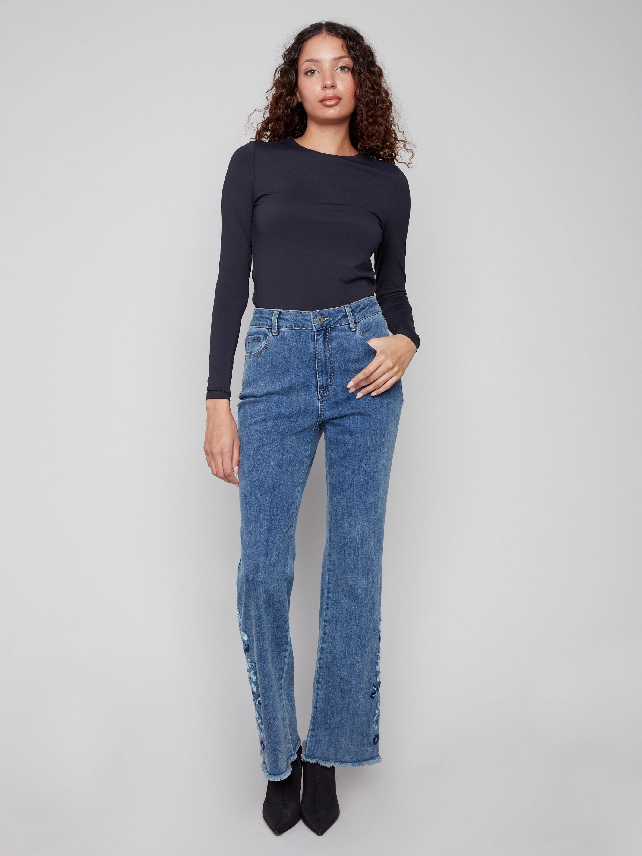 Party Look Urban Explorer All Use Wear Flared Floral Embroidered Jeans - Medium Blue