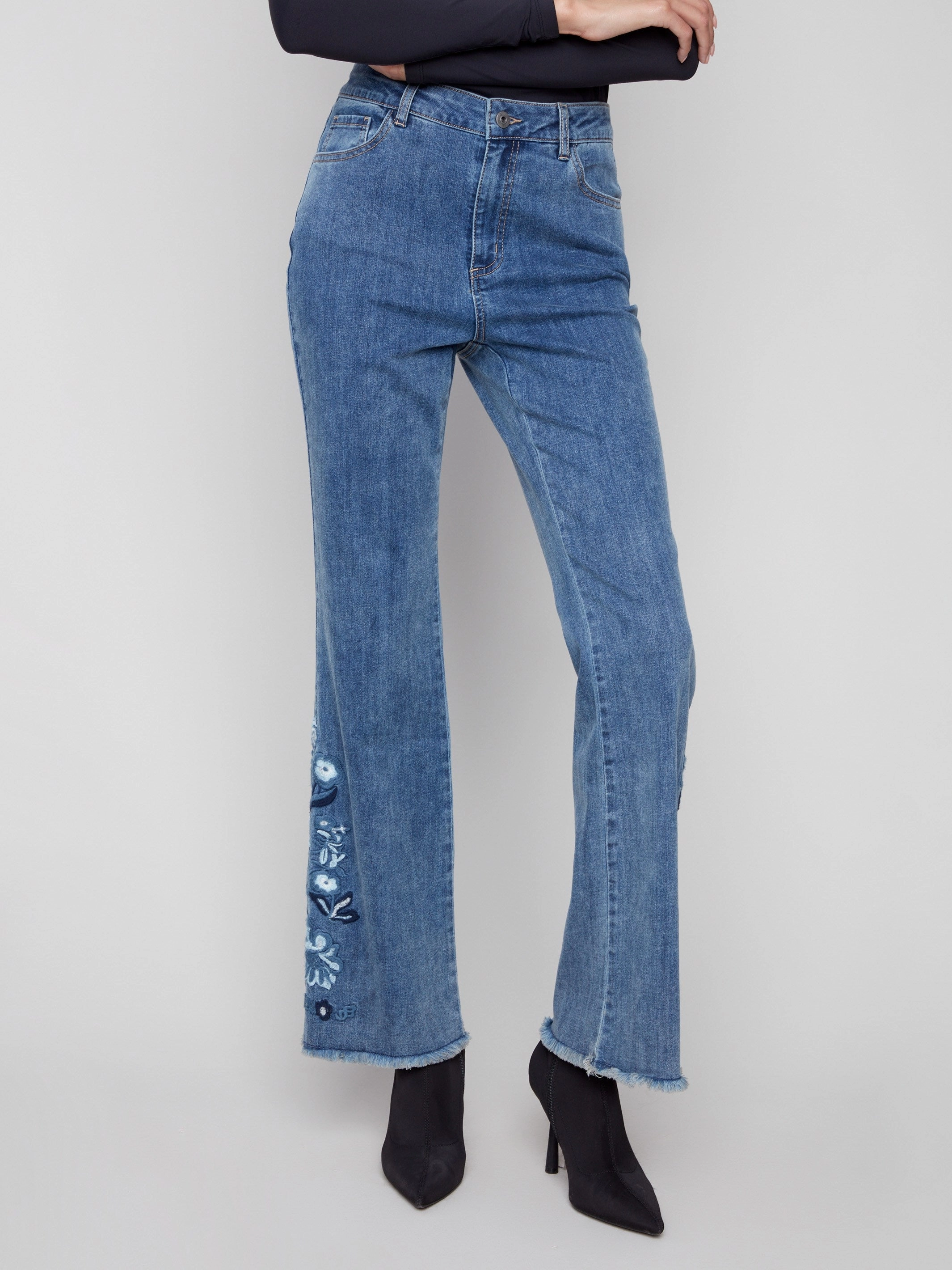 Versatile Relaxed Style Flared Floral Embroidered Jeans - Medium Blue