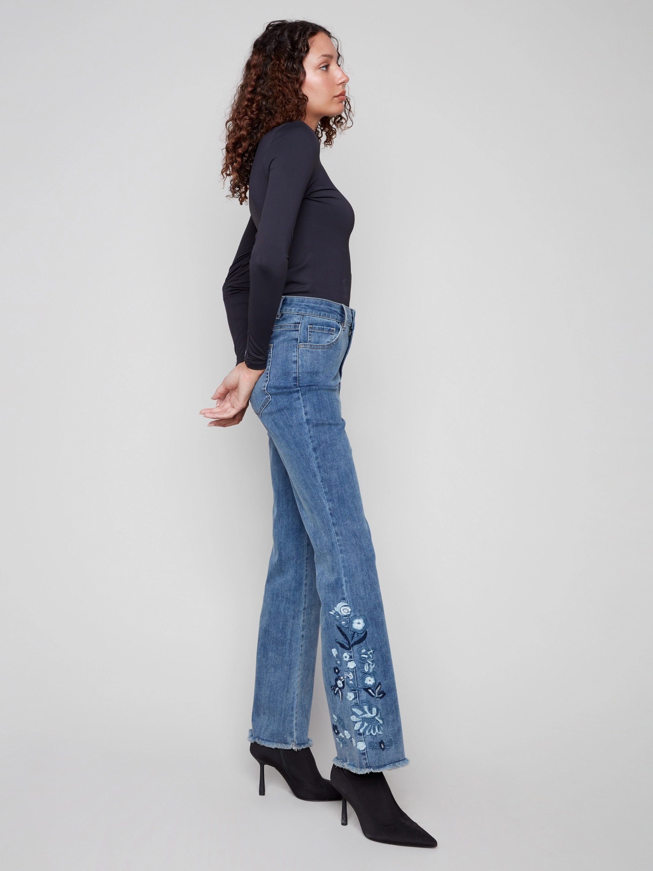 Flared Floral Embroidered Jeans - Medium Blue Simple clothing Weekend Warrior Festival Outfit Smooth
