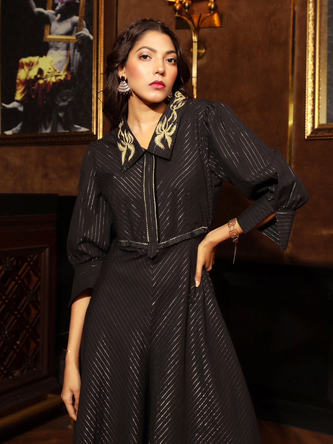 Urban Fit Beaded-Sleeve Flared Gold Stripe Jumpsuit