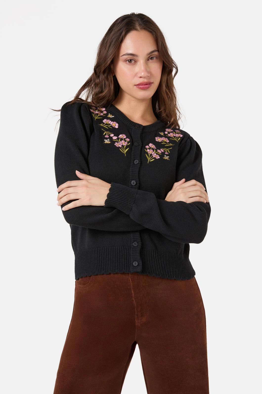 Flora Bee Embroidered Cardigan Effortless Comfort Fit Cozy And Warm