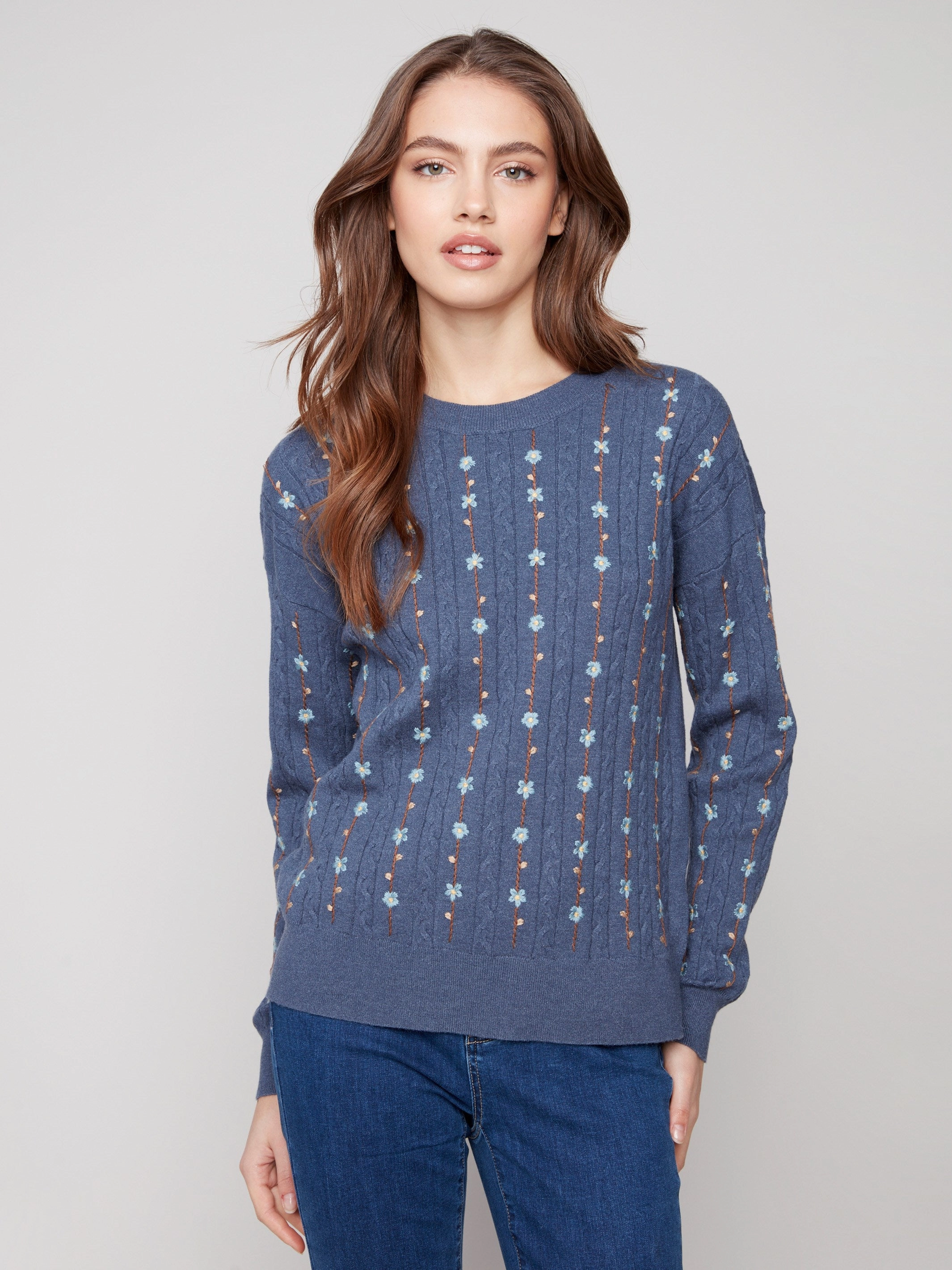 Shampoo Floral Embroidery Knit Sweater - Tulip