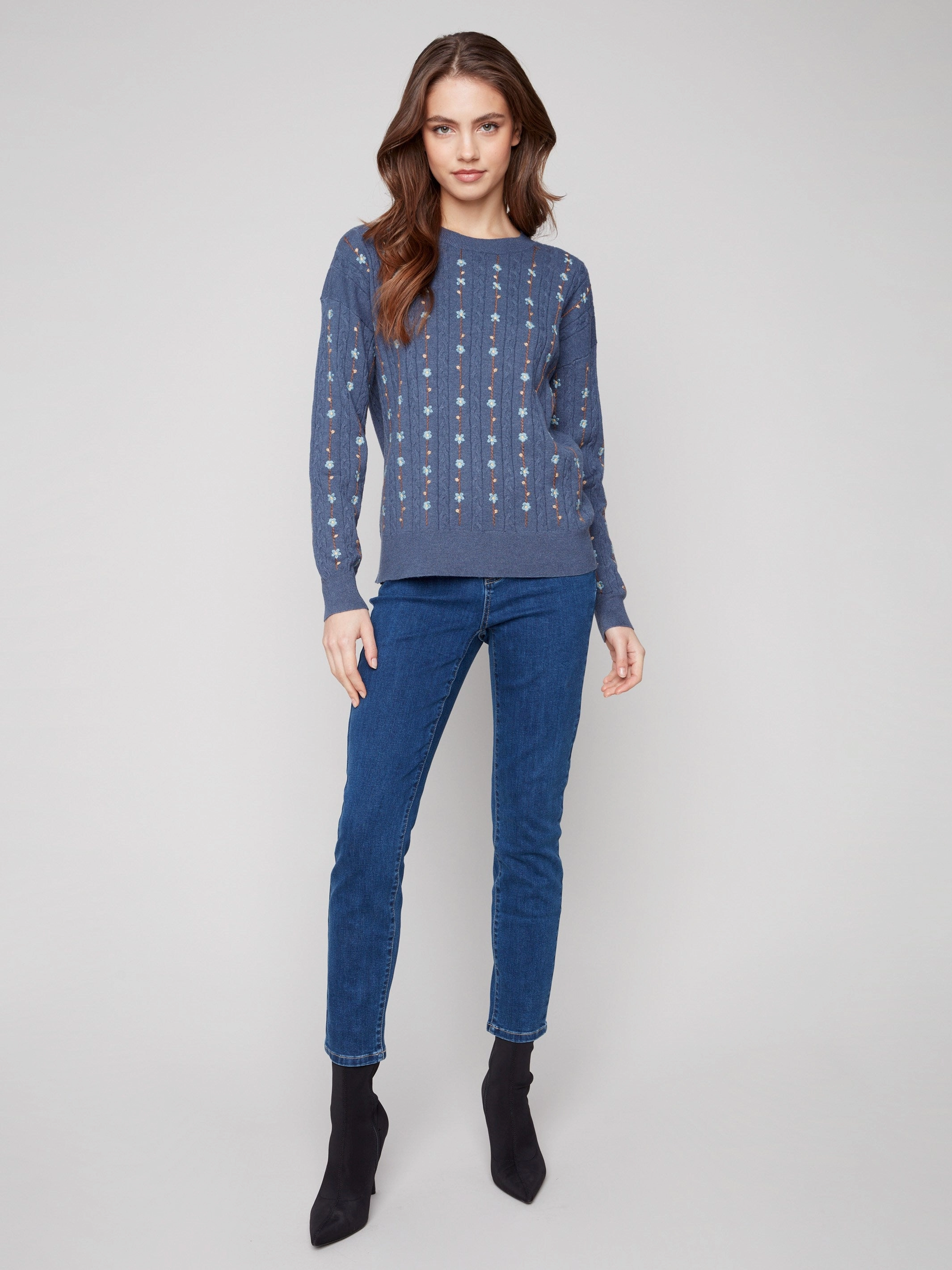 Floral Embroidery Knit Sweater - Tulip Boat Neck Halloween