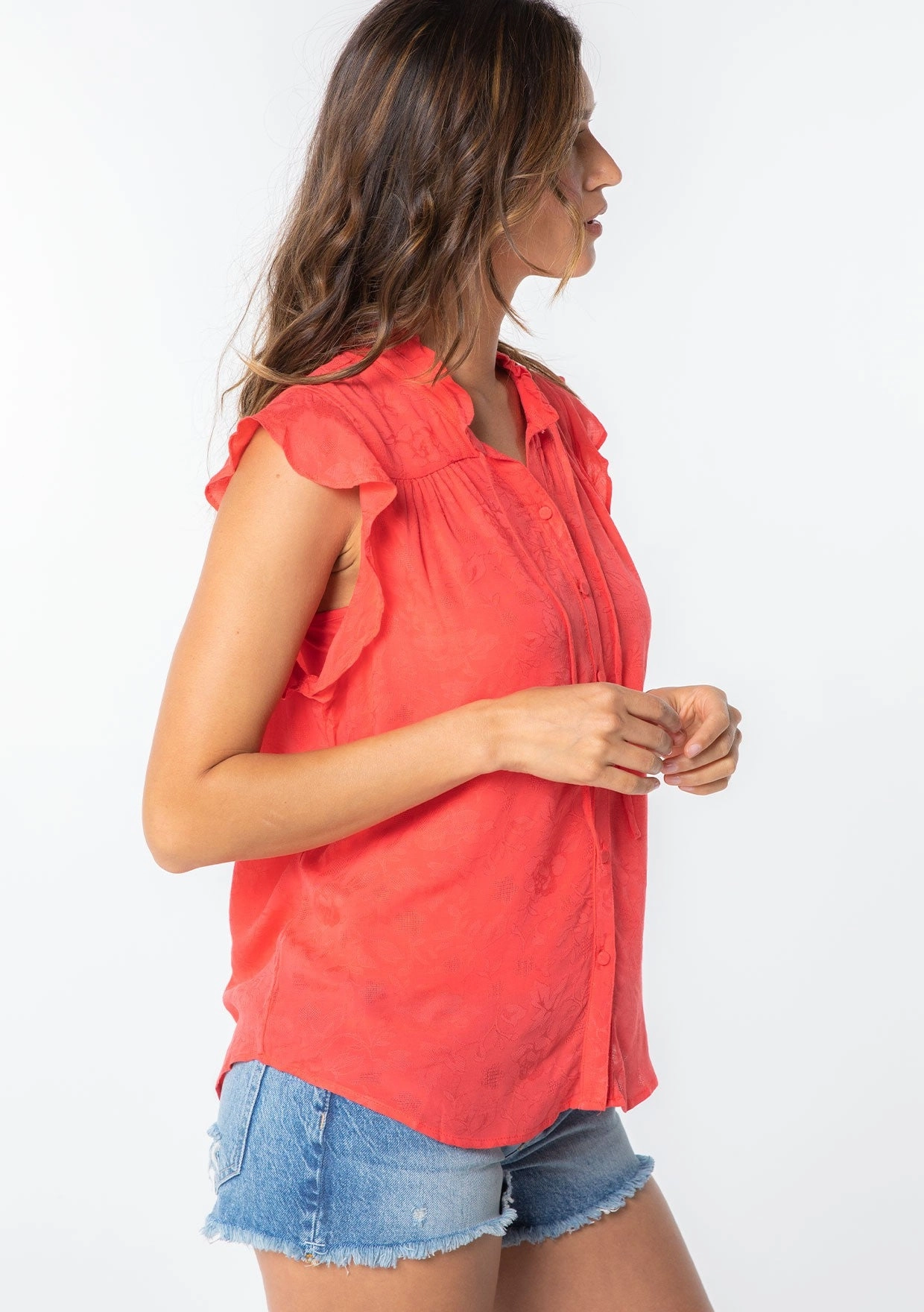 FLORAL JACQUARED RUFFLE TRIM RAYON BLOUSE MinimalistDesign