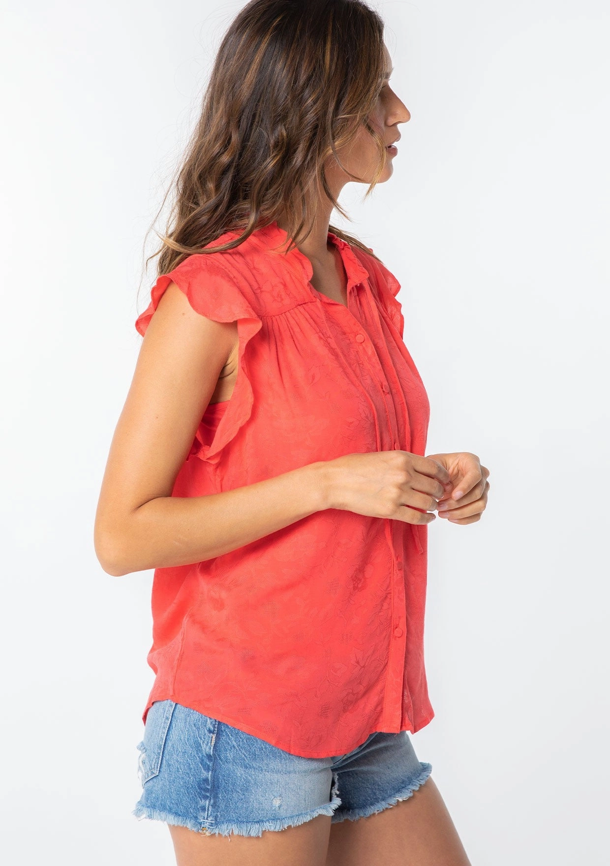 FLORAL JACQUARED RUFFLE TRIM RAYON BLOUSE NonRestrictiveCut Relaxed Cut