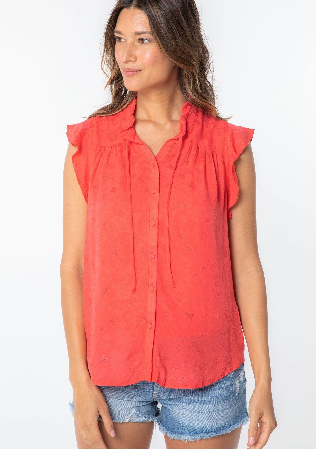 Windproof Fabric FLORAL JACQUARED RUFFLE TRIM RAYON BLOUSE