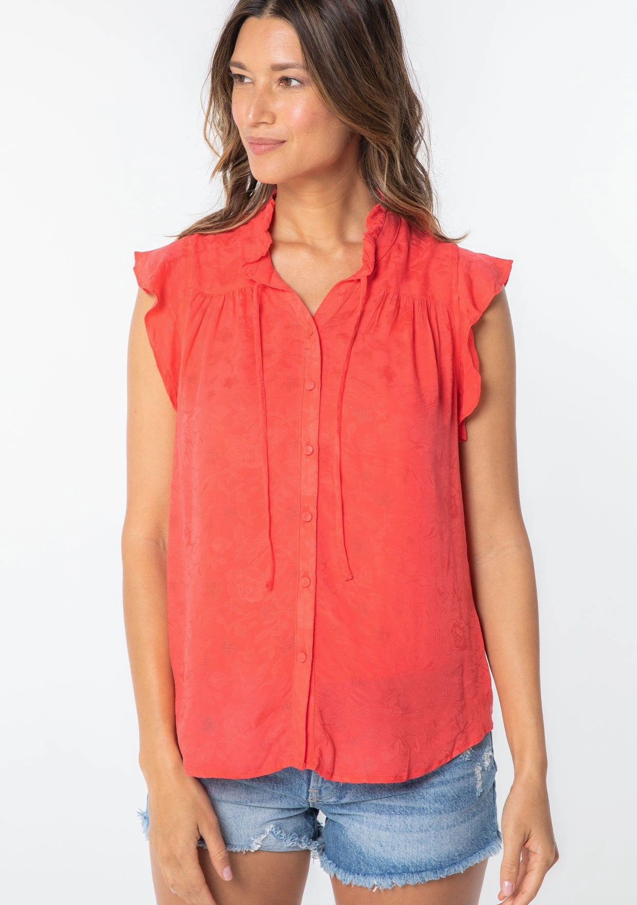 ButterSoft Handfeel Durable Stitch Pattern FLORAL JACQUARED RUFFLE TRIM RAYON BLOUSE